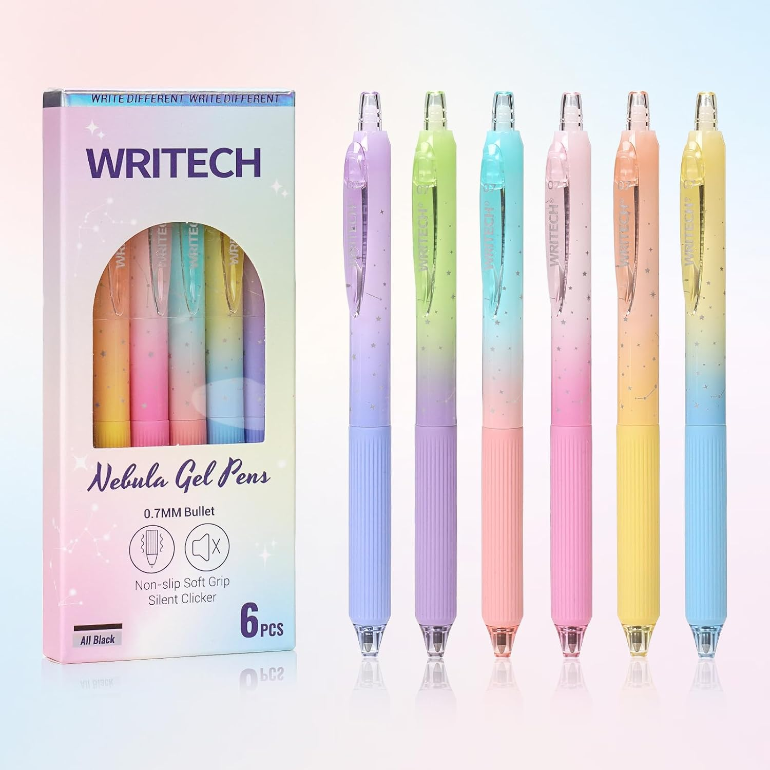 Gel Pens Fine Point: Nebula Pen Set 0.7Mm Black Ink Retractable 6Ct Medium Point Smooth Writing with Aesthetic Gradient Color Barrel for Journaling Note Taking Silent Click No Smear
