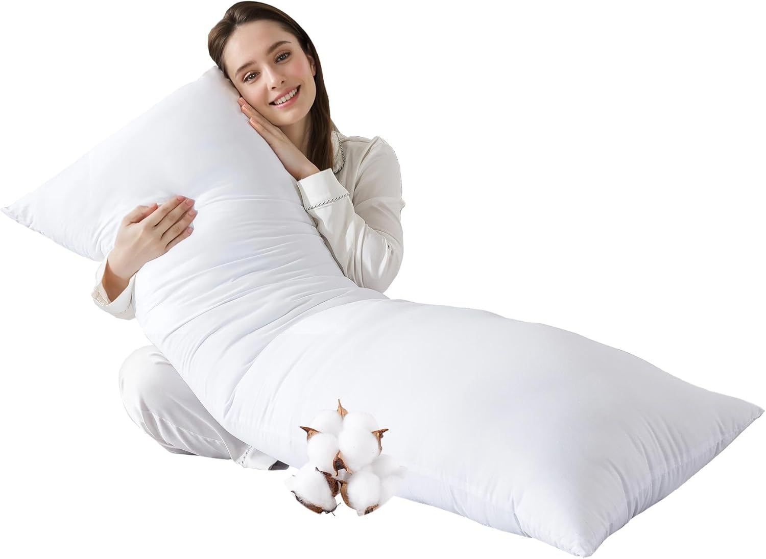 Cotton Body Pillow Insert - Cooling Breathable Full Body Pillow for Side Sleeper - Soft Long Bed Pillow for Adults - 20 X 54 Inch-White