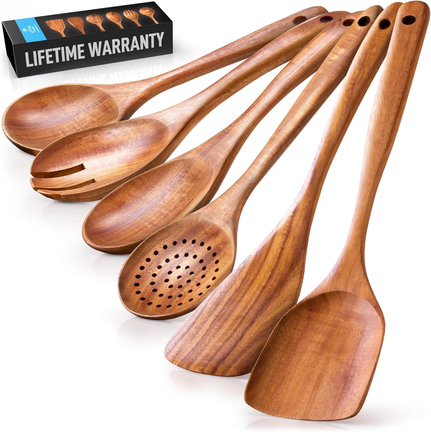 6-Piece Wooden Cooking Spoons Set – Heat-Resistant, Smooth Teak Utensils with Comfort Grip – Lightweight & Durable – Easy to Clean, Perfect for Non-Stick Cookware