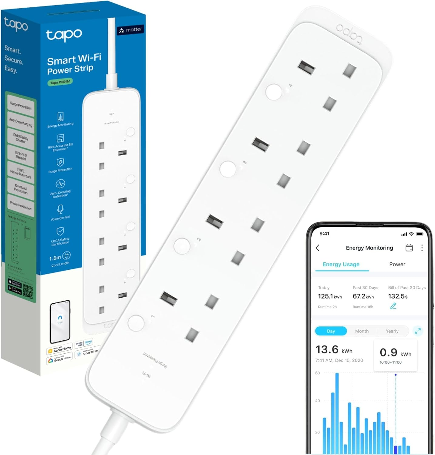 Tapo P304M Smart Plug Power Strip, 4 Outlets Matter Wifi Plug Extension