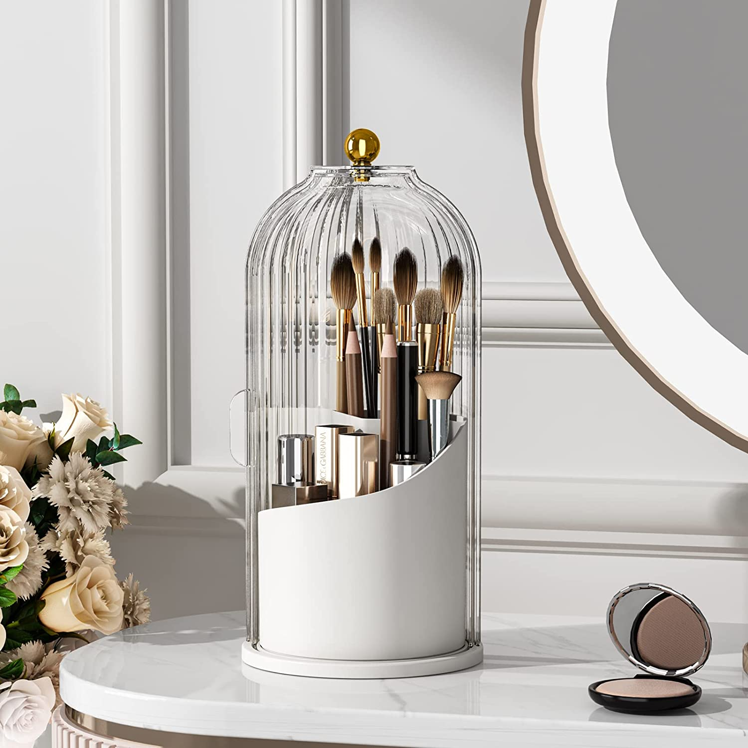 Makeup Brush Holder with Lid 360 Rotating Clear Dustproof Make up Organizers for Vanity Bathroom Countertop, Transparent