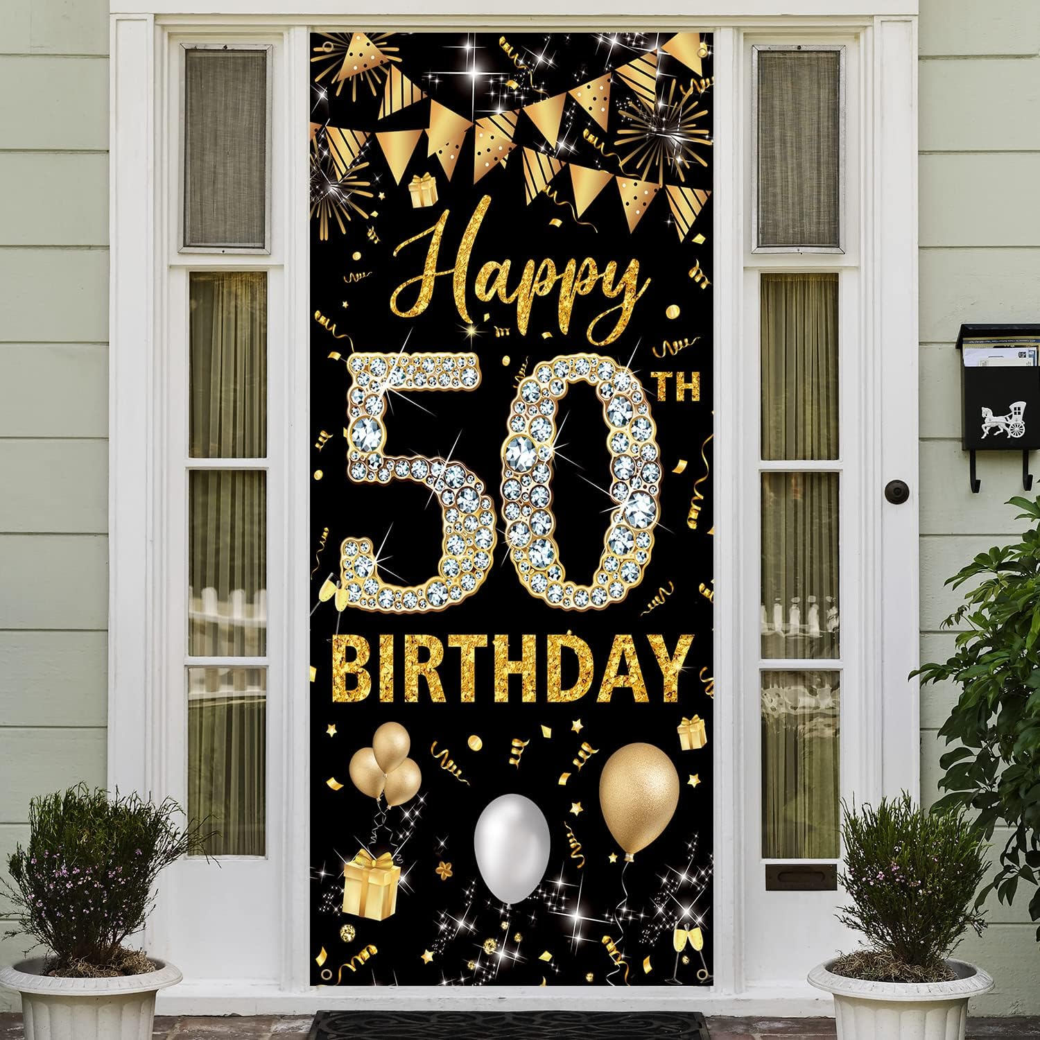 50Th Birthday Decorations Door Banner, Black Gold Happy 50Th Birthday Decorations Women Men, Door Cover Sign Poster Decor, 50 Year Old Birthday Party Photo Props Backdrop, Fabric 6.1Ft X 3Ft