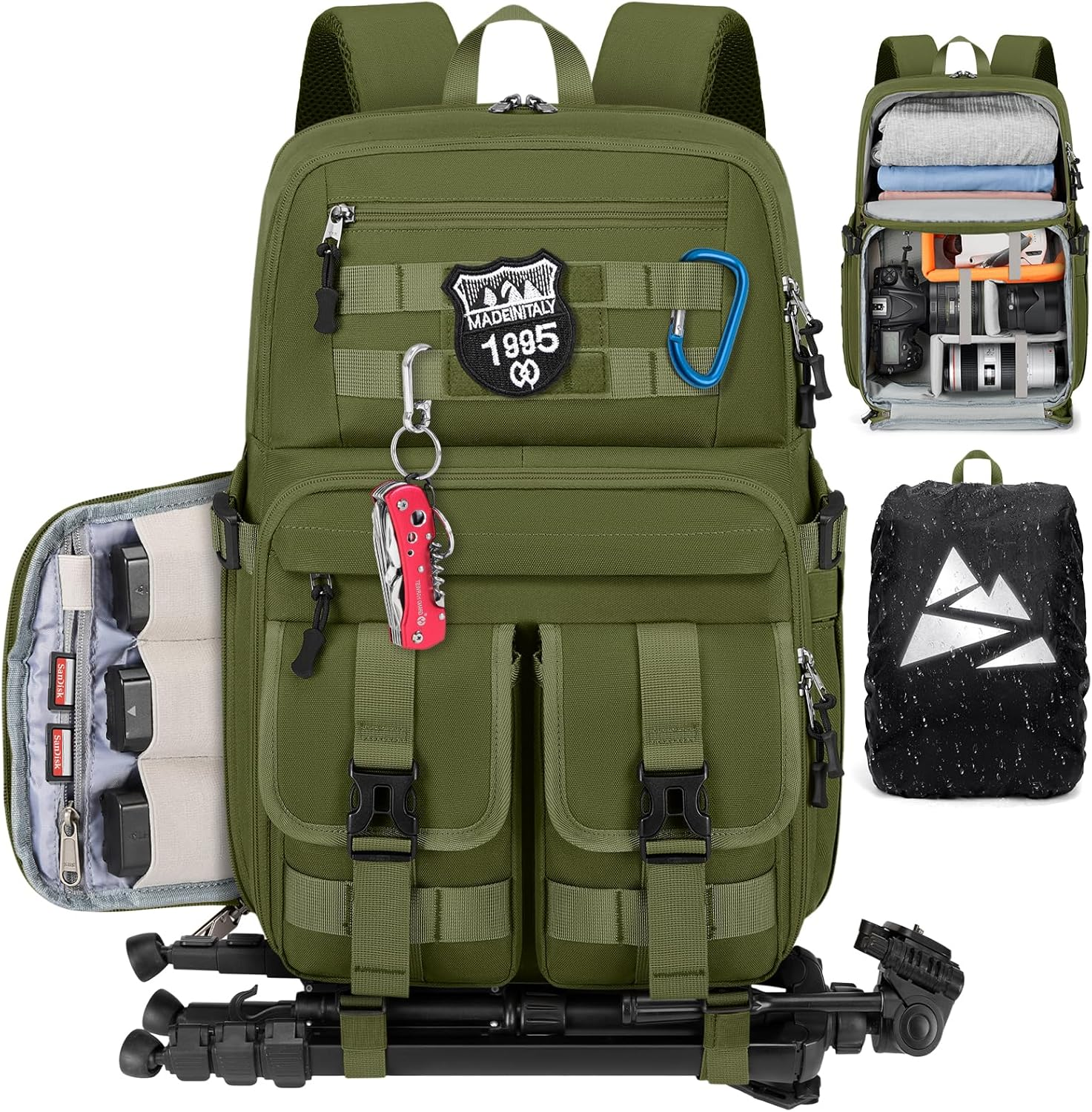 Camera Bag Backpack for Dslr/Slr/Mirrorless Camera Bags for Photographers 15.6 Inch Waterproof Tactical Photography Backpack Case with Rain Cover & Tripod Holder, Army Green