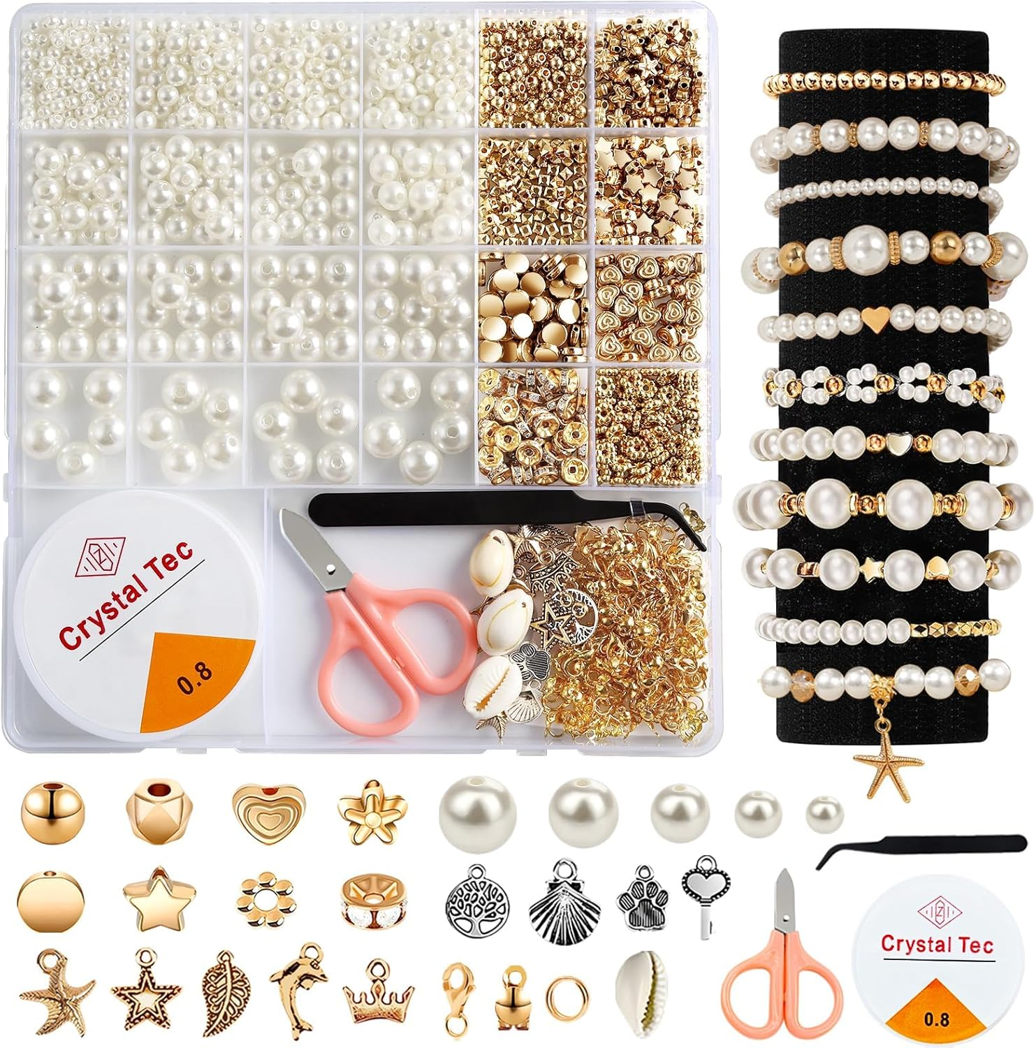 1200Pcs Pearl Beads for Bracelets, Bracelet Making Kit for Adults, Kids Friendship Bracelet Kits, Jewelry Making Kit with String and Charms for Girls Teens DIY Pearls Kit for Bracelet Necklace Earring