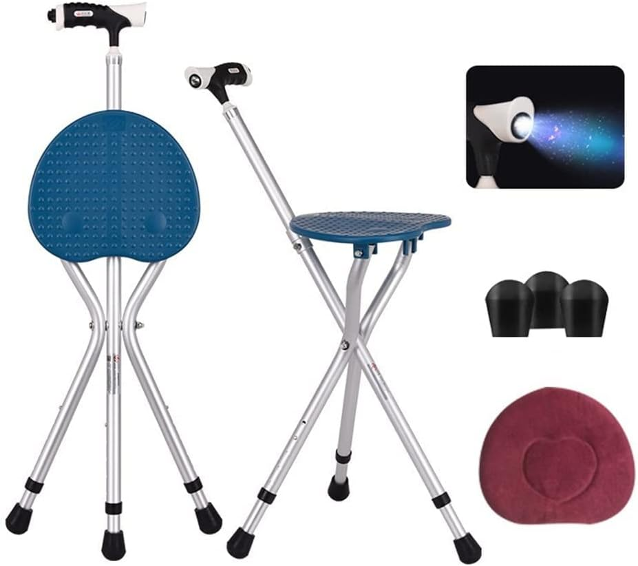 Folding Cane Seat Combo 400 Lbs Capacity Portable Cane Stool Handy Folding Crutch Chair Seat 3 Legs Height Adjustable Heavy Duty Thick Aluminum Walking Stick Tall Unisex for Elderly Travelon Blue