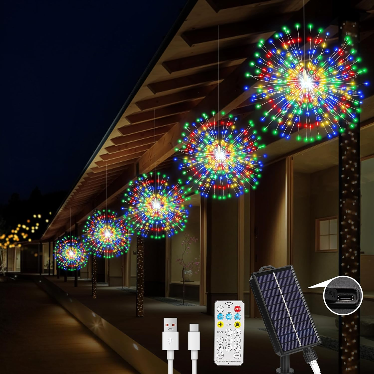 Solar Christmas Firework Lights Outdoor, 5 Pack 1000LED Solar Starburst Lights, 8 Modes Dimmable Waterproof Hanging Fairy Light for Garden, Patio, Holiday Christmas Decor (Multi-Colored)