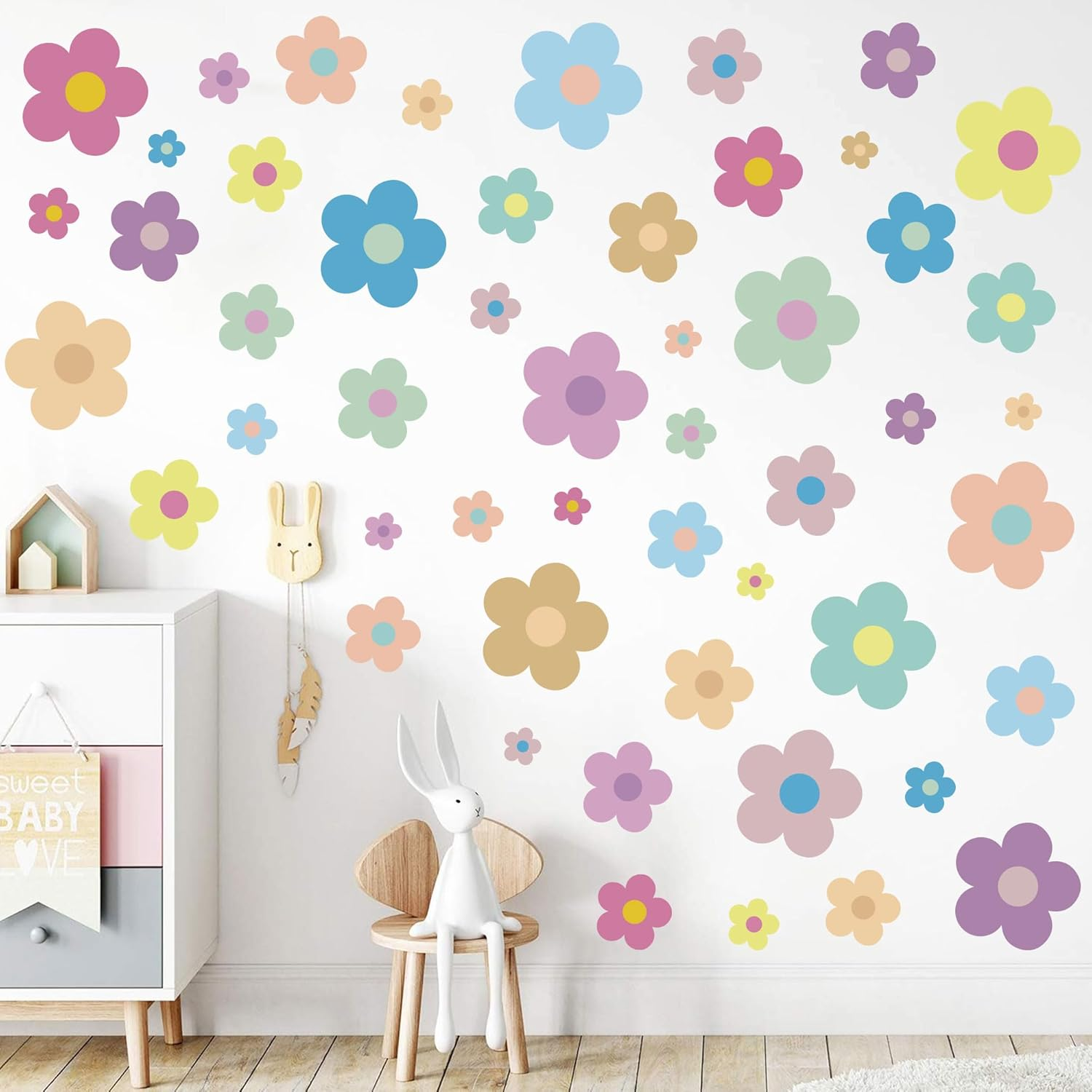 12 Sheets Flower Wall Decals Cute Colorful Floral Wall Stickers Vinyl Peel and Stick Wall Decals Preppy Hippie Stickers Aesthetic Decor for Girls Kids Nursery Bedroom Decoration Pastel Style
