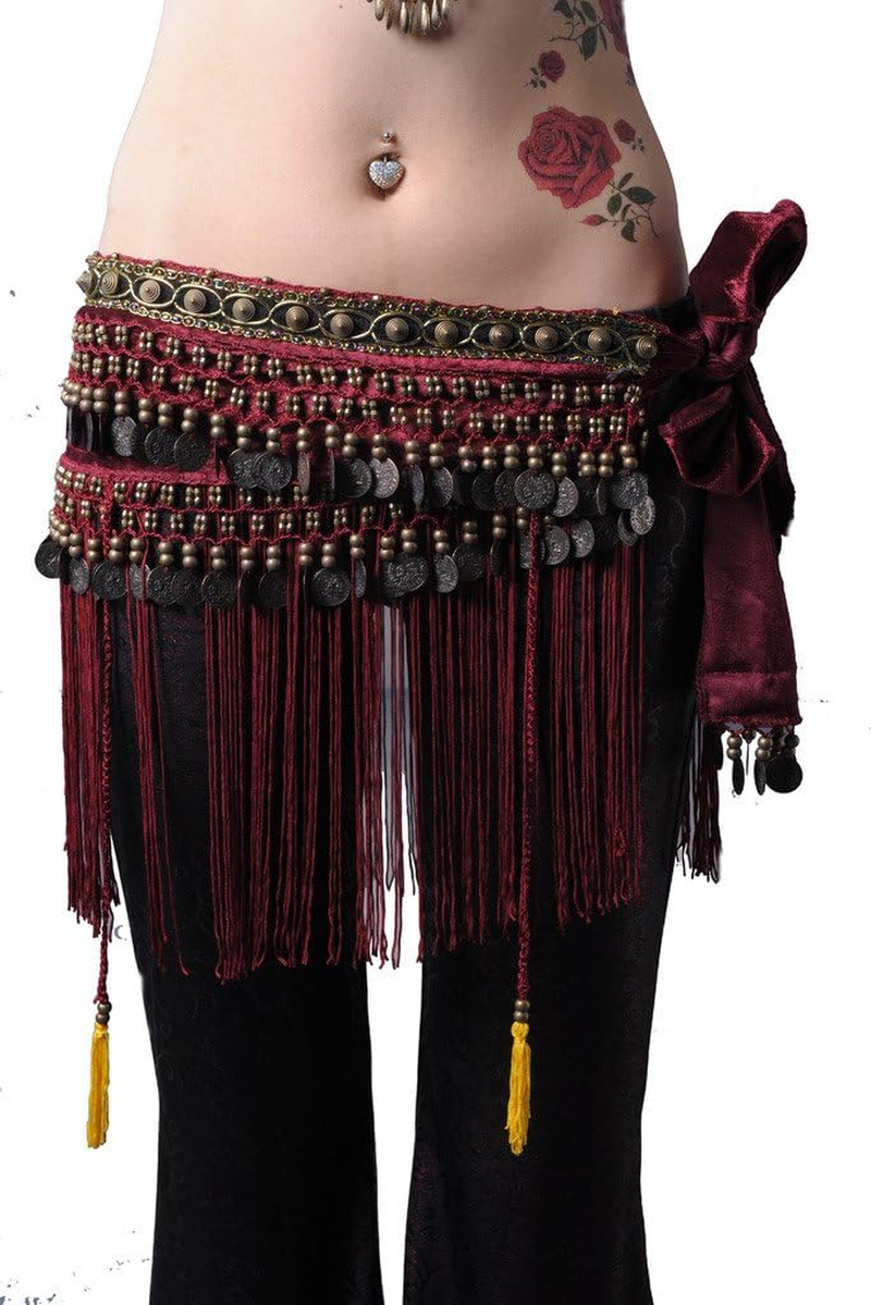 Women'S Belly Dance Tribal Hip Scarf with Width-With-Coins-30.7Inch Dark Red
