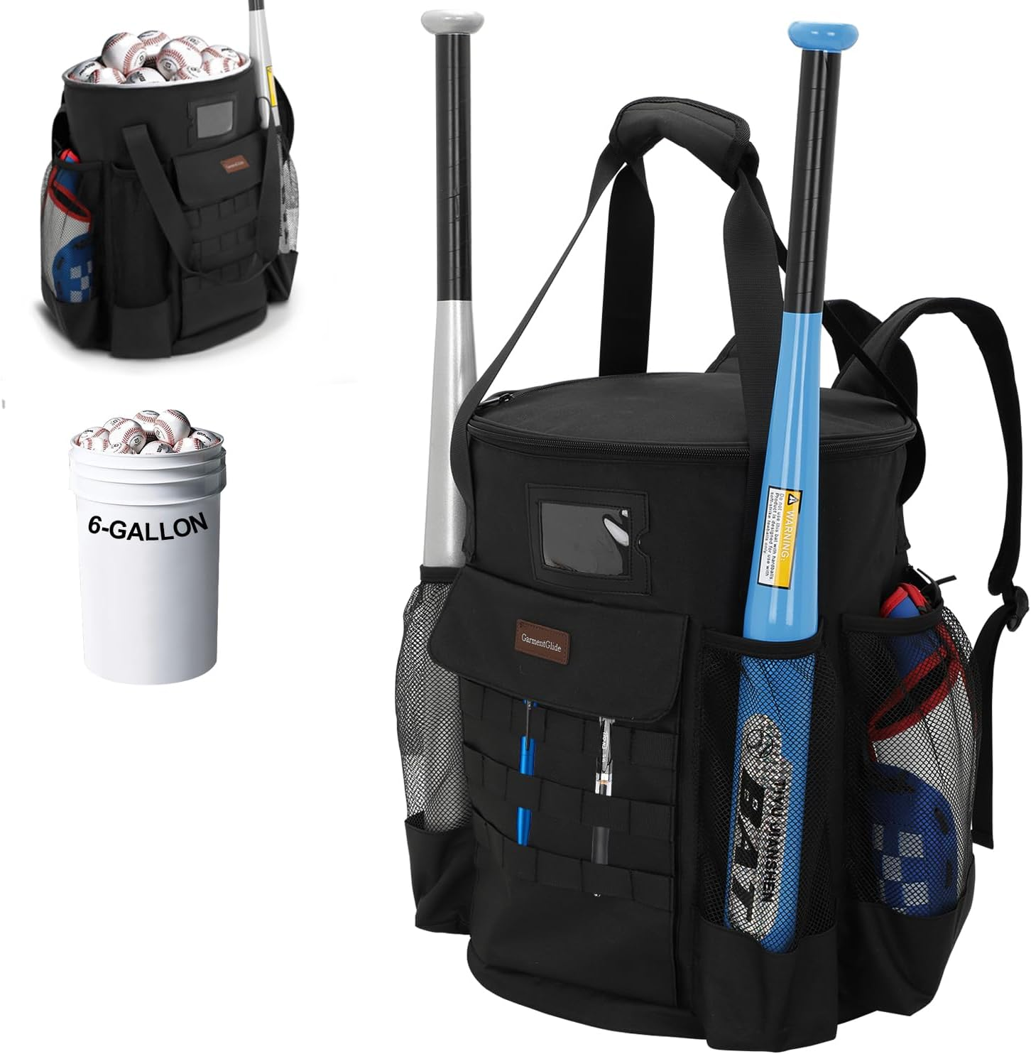 Baseball Bucket Bag, Backpack for 6 Gallon Bucket, Durable Softball Bucket Bag Baseball Coaching Accessories Organizer in Tactical Style, Pockets for 2 Bats, Gloves, Scoreboards, Ideas Baseball Gifts