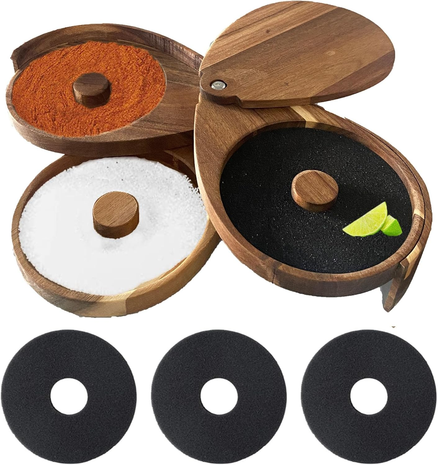 Margarita Salt Rimmer Set, 3 Tier Bar Glass Rimmer Brown Bamboo Sugar and Salt Rimmer Box with 3 Sponges for Manhattan Drinks Bar Party Accessories Cocktail Bartender Tool