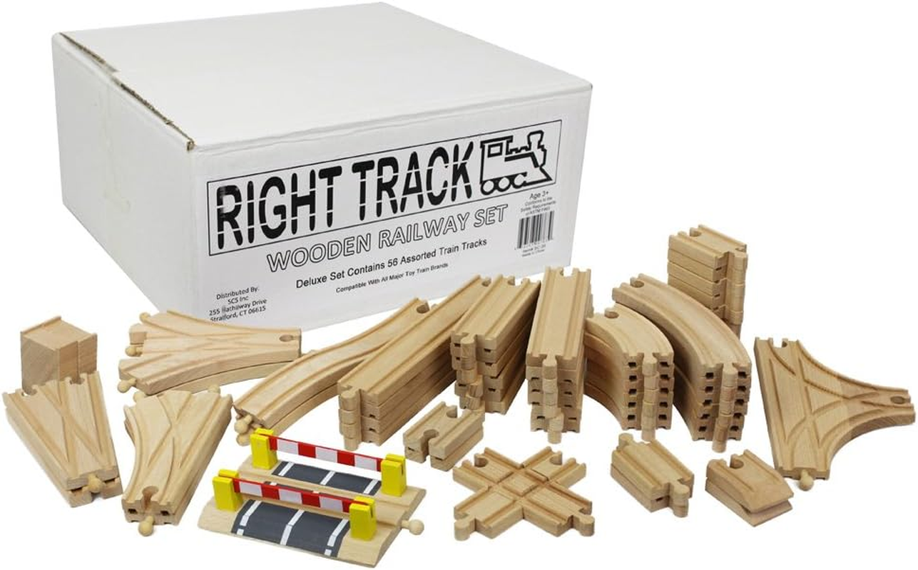 Wooden Train Track Deluxe Set: 56 Premium Wood Pieces 100% Compatible with Thomas - All Tracks and No Fillers
