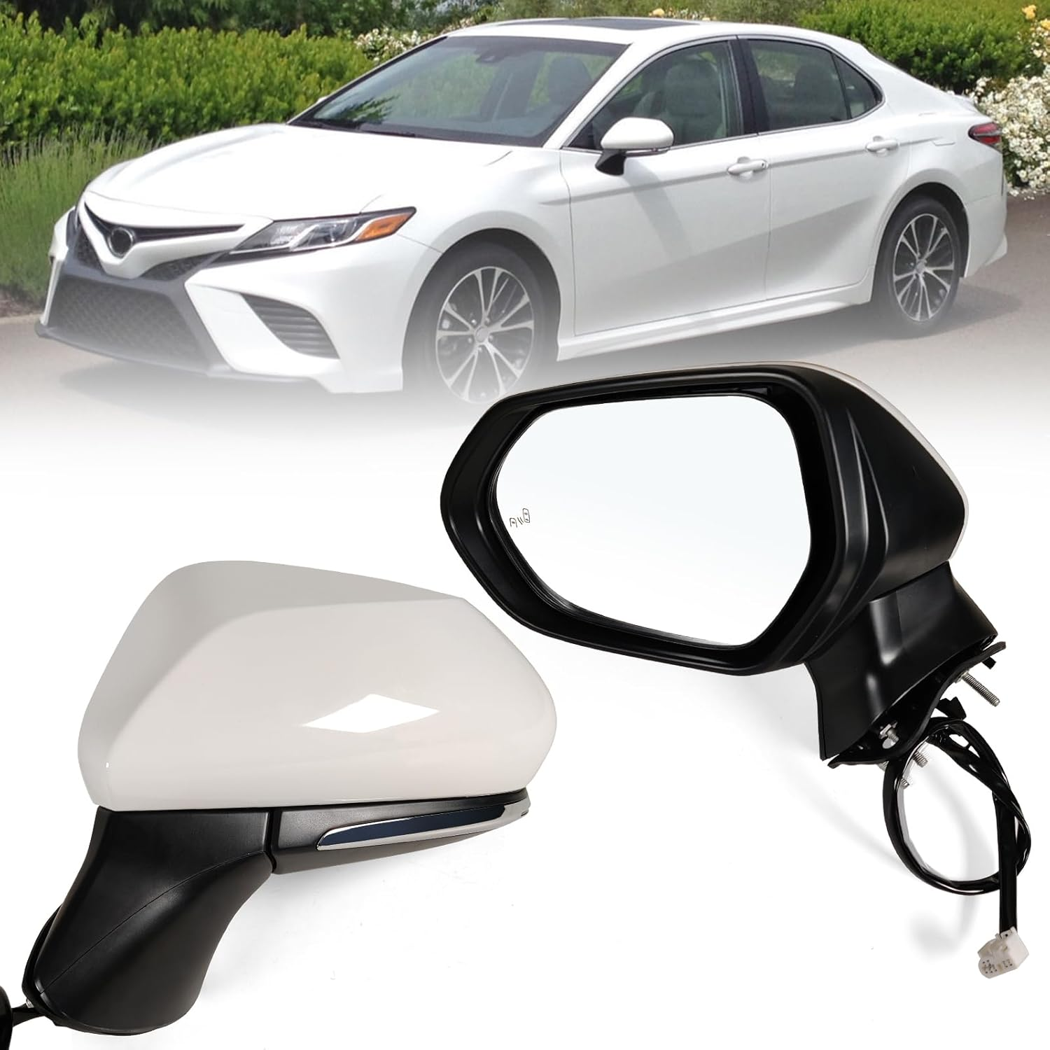Left Driver Side Mirror Fits 2018-2024 Toyota Camry with Power Glass, Heated, Turn Signal, Blind Spot Detection and Manual Folding Match to White Replace 8794006840(7Pins)
