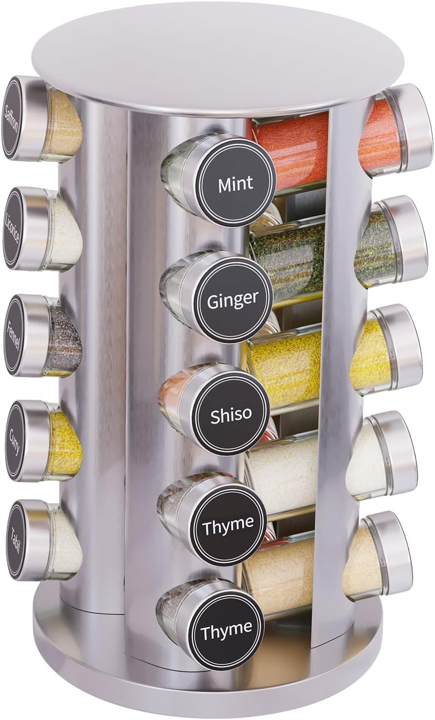 Revolving Spice Rack Set with 20 Spice Jars, Kitchen Spice Tower Organizer for Countertop or Cabinet - Carousel Storage Includes 386 Spice Labels (Silver)