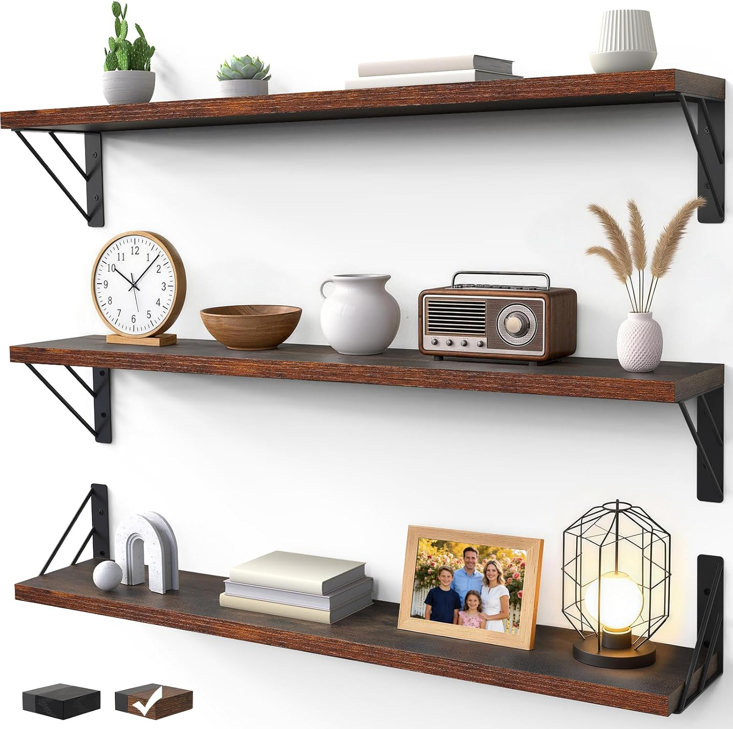Wall Shelves for Bedroom Decor, Floating Shelves for Wall, Display Mounted Rustic Wood Shelf for Books,Plants,Corner Shelves for Bathroom,Kitchen,Living Room(Rustic Brown,36In,Set of 3)