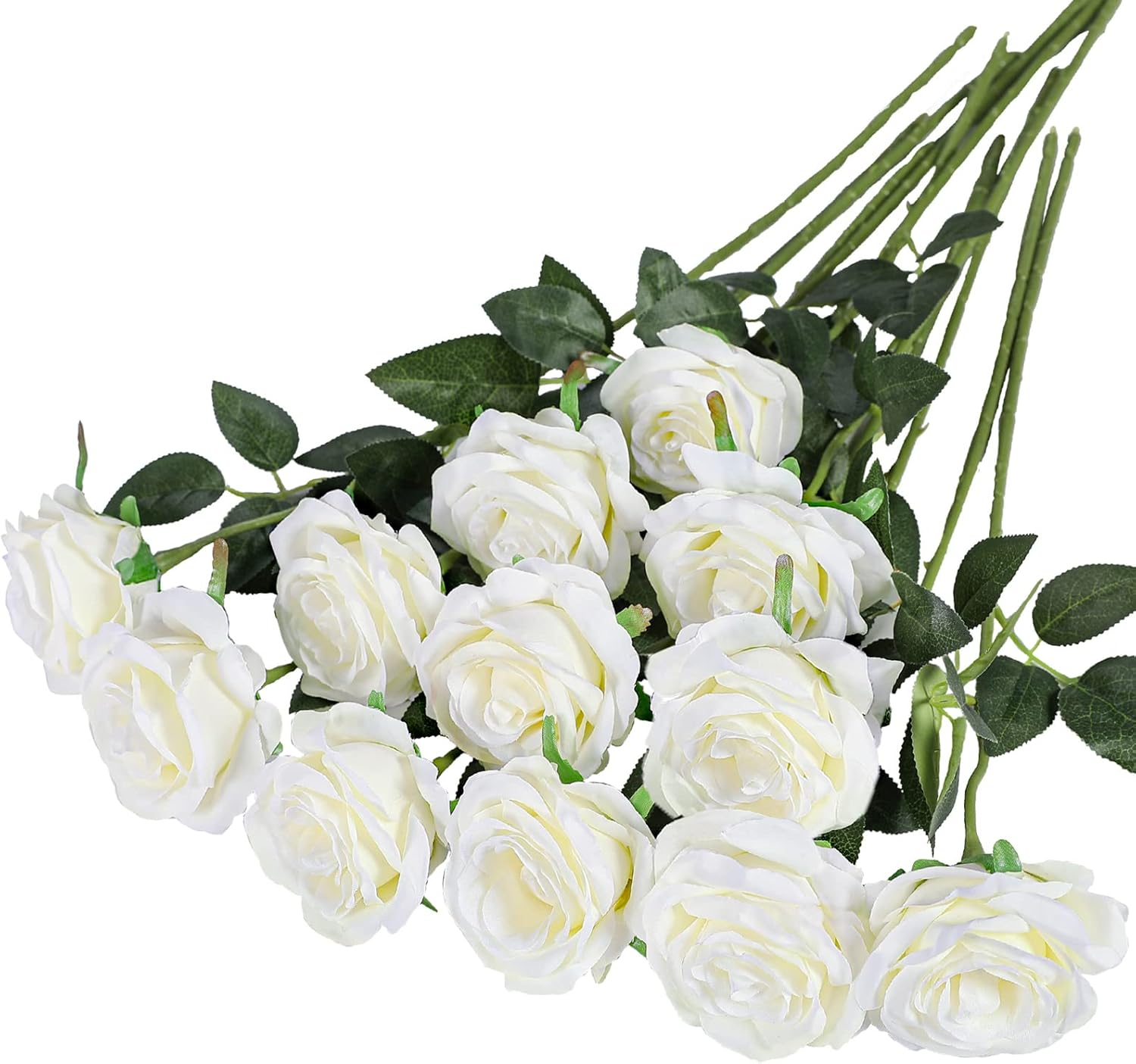 12PCS Artificial Silk Flowers Realistic Roses Bouquet Long Stem for Home Wedding Decoration Party (12Pcs-Cream White 1)