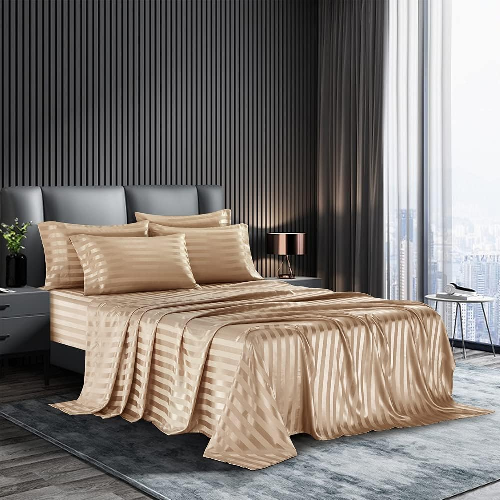 6 Piece Satin Italian Style Bed Sheet Set Deep Pocket Striped 1800 Luxury Rich Silk 1 Flat Sheet 1 Fitted Sheet 4 Envelope Pillowcases Stain-Resistant Wrinkle Free (King,Taupe)
