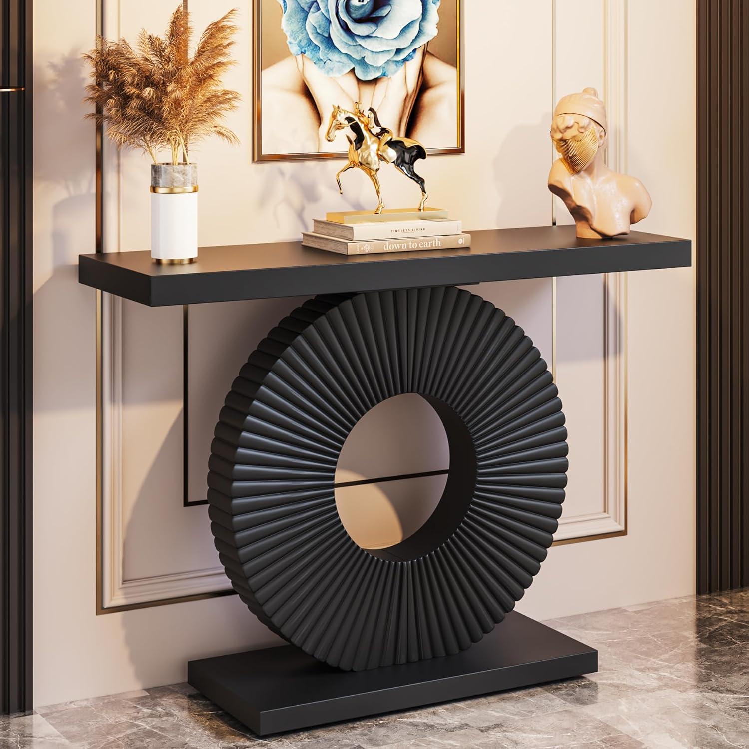 Modern Console Table with Geometric Base, 40 Inch Wood Entryway Table Sofa Table Narrow Long, Contemporary Accent Table for Living Room, Entryway, Hallway, Black