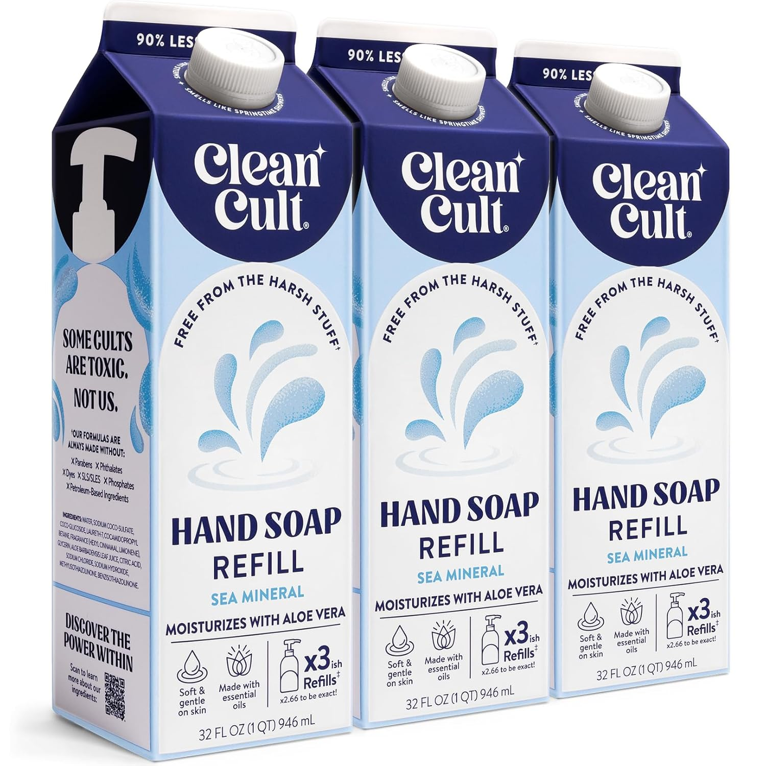 - Liquid Hand Soap Refills - Sea Minerals - Gentle on Sensitive Skin - Made with Aloe Vera & Essential Oils - Eco Friendly - Paper-Based Packaging - 32 Oz/3 Pack