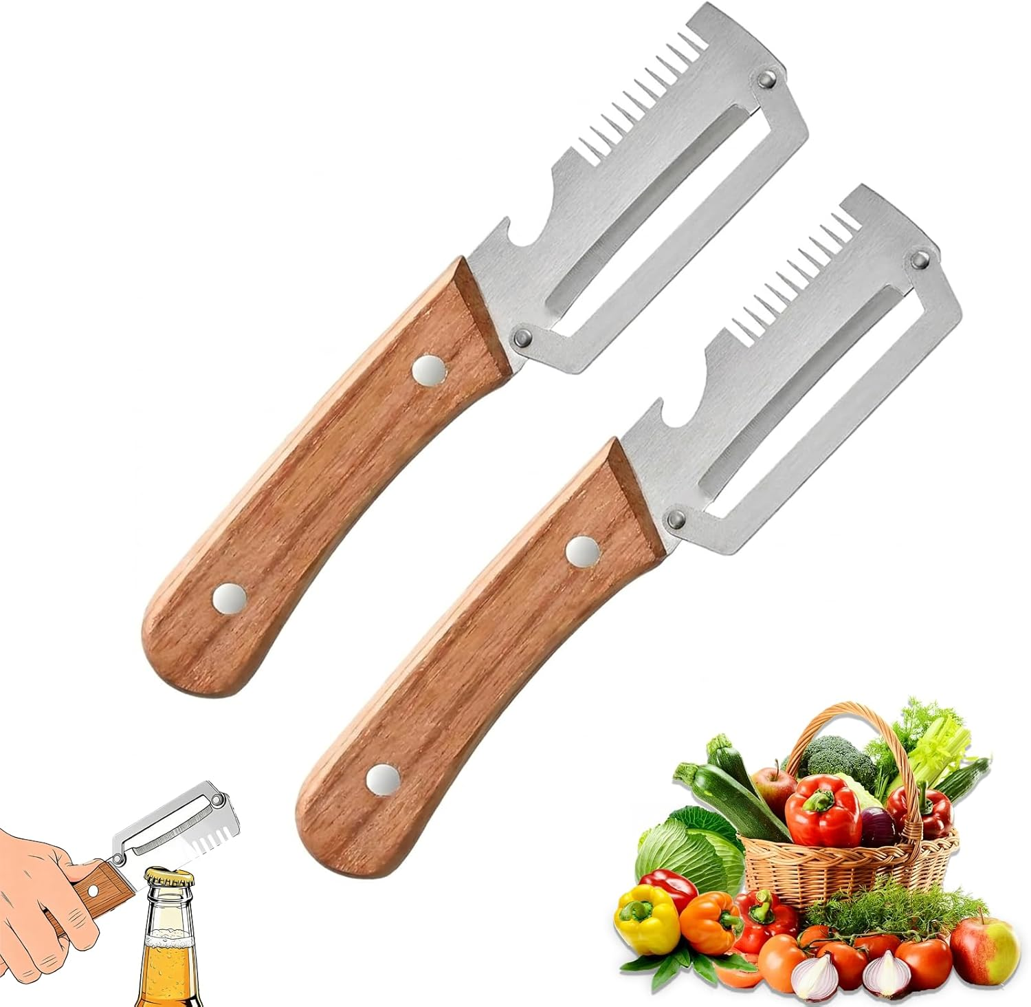2 Pack Multifunctional Vegetable Peeler, 3-In-1 Peelers for Kitchen with Bottle Opener, Sharp Stainless Steel Swivel Blade, Wooden Handle, for Vegetables or Fruits That Need to Be Peeled