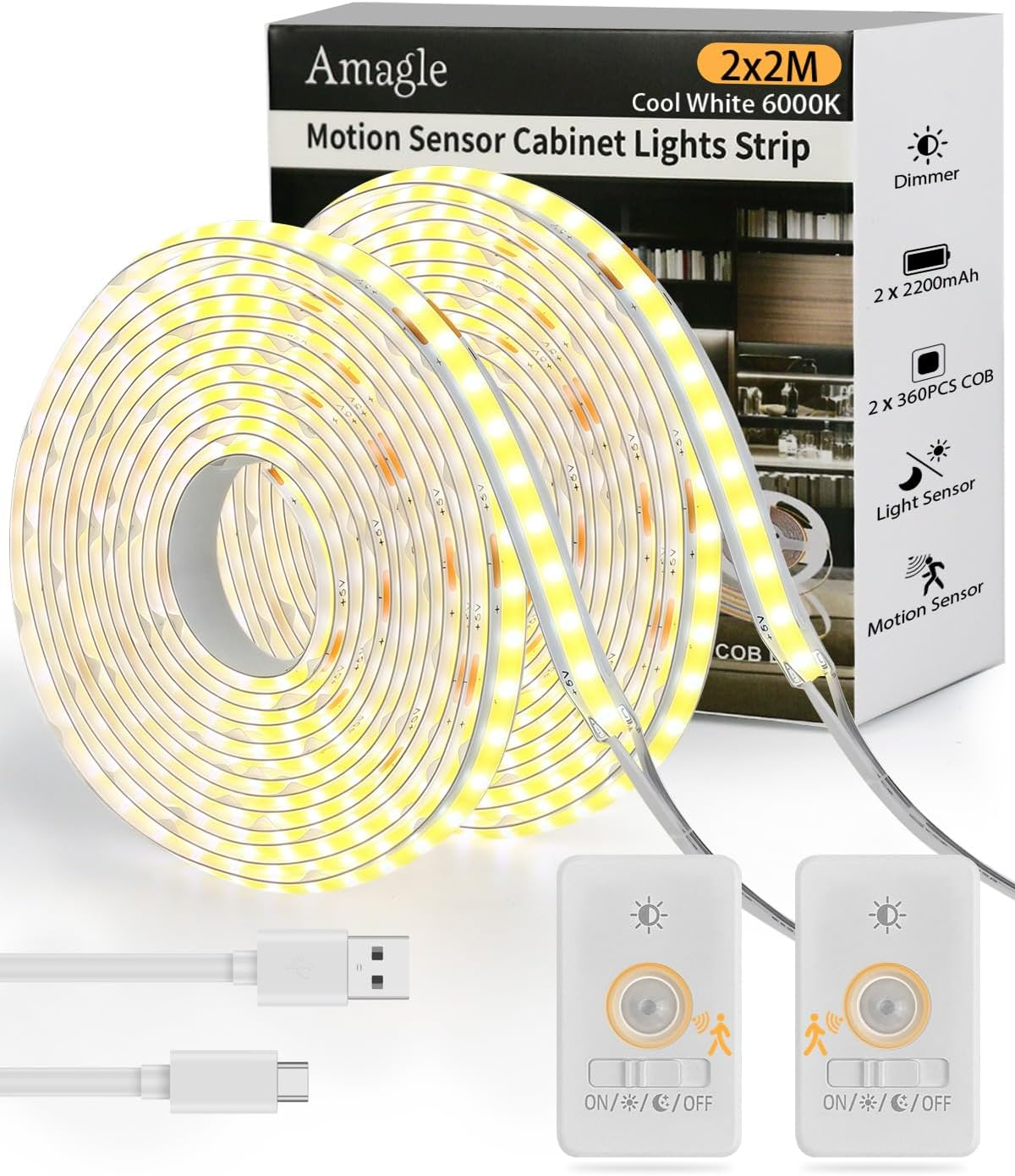 Rechargeable Motion Sensor COB LED Lights Strips, 2 Pack 6.56FT Motion Activated under Cabinet LED Strip Lights 2200Mah Battery Powered under Cabinet Strip Lighting Wireless for Kitchen Closet Pantry