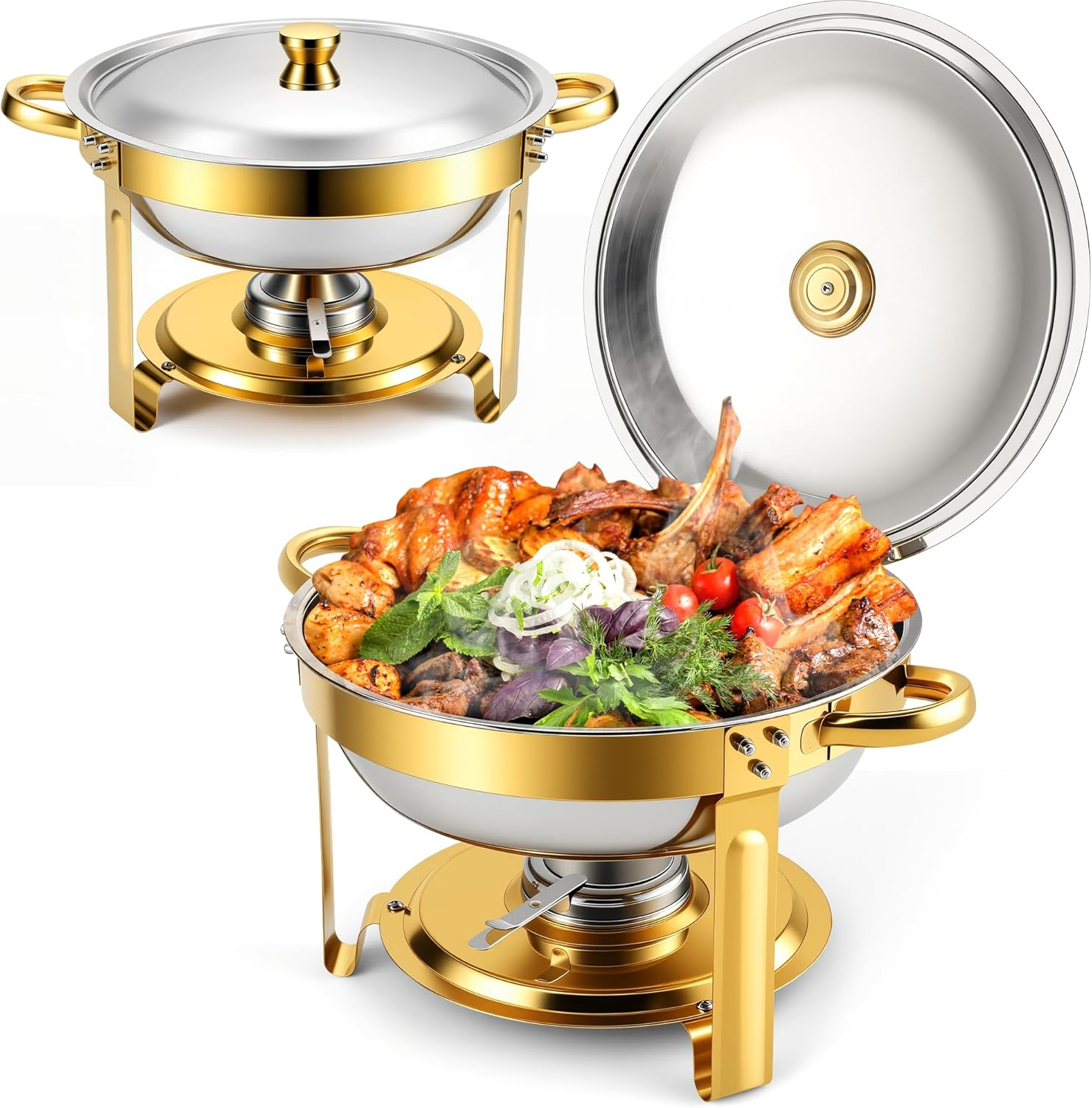 Chafing Dishes Buffet Food Warmer - Parties Servers Trays Catering Dish Warming Display Set - Chafers Keep Warm Serving Tray round Heating Kit with Burners 2 Set Silver Gold