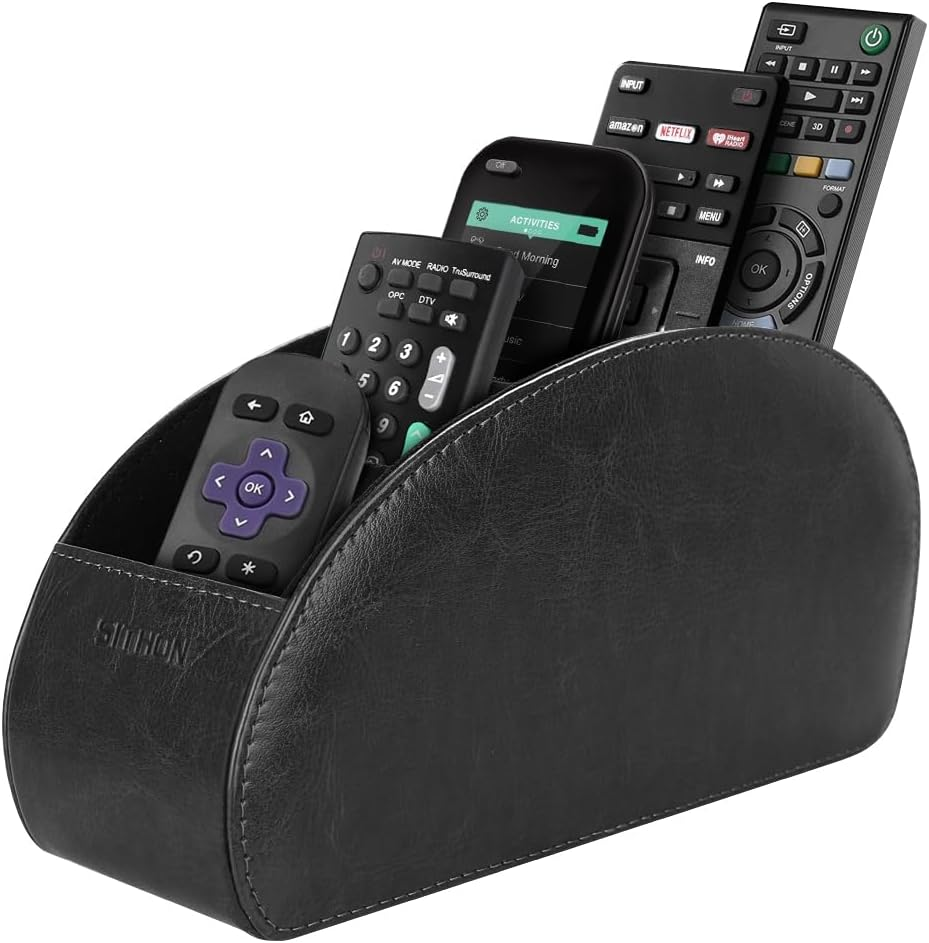 Remote Control Holder with 5 Compartments - PU Leather Remote Caddy Desktop Organizer Store TV, DVD, Blu-Ray, Media Player, Heater Controllers, Black