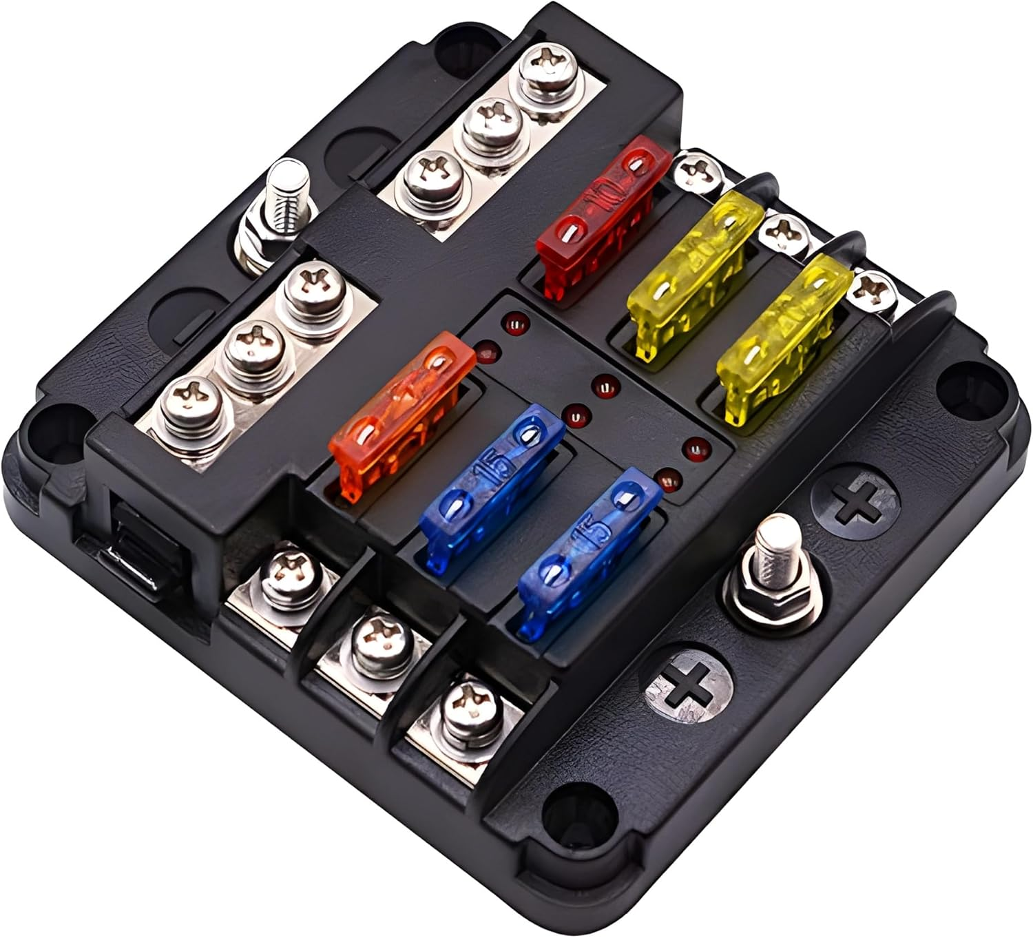 12 Volt Fuse Block, Waterproof 6 Way Fuse Box with 6 Ground Negative Busbar for Automotive[100 Amp Max] [LED Indicator] for Car Golf Cart Boat Marine RV DC 12-24V