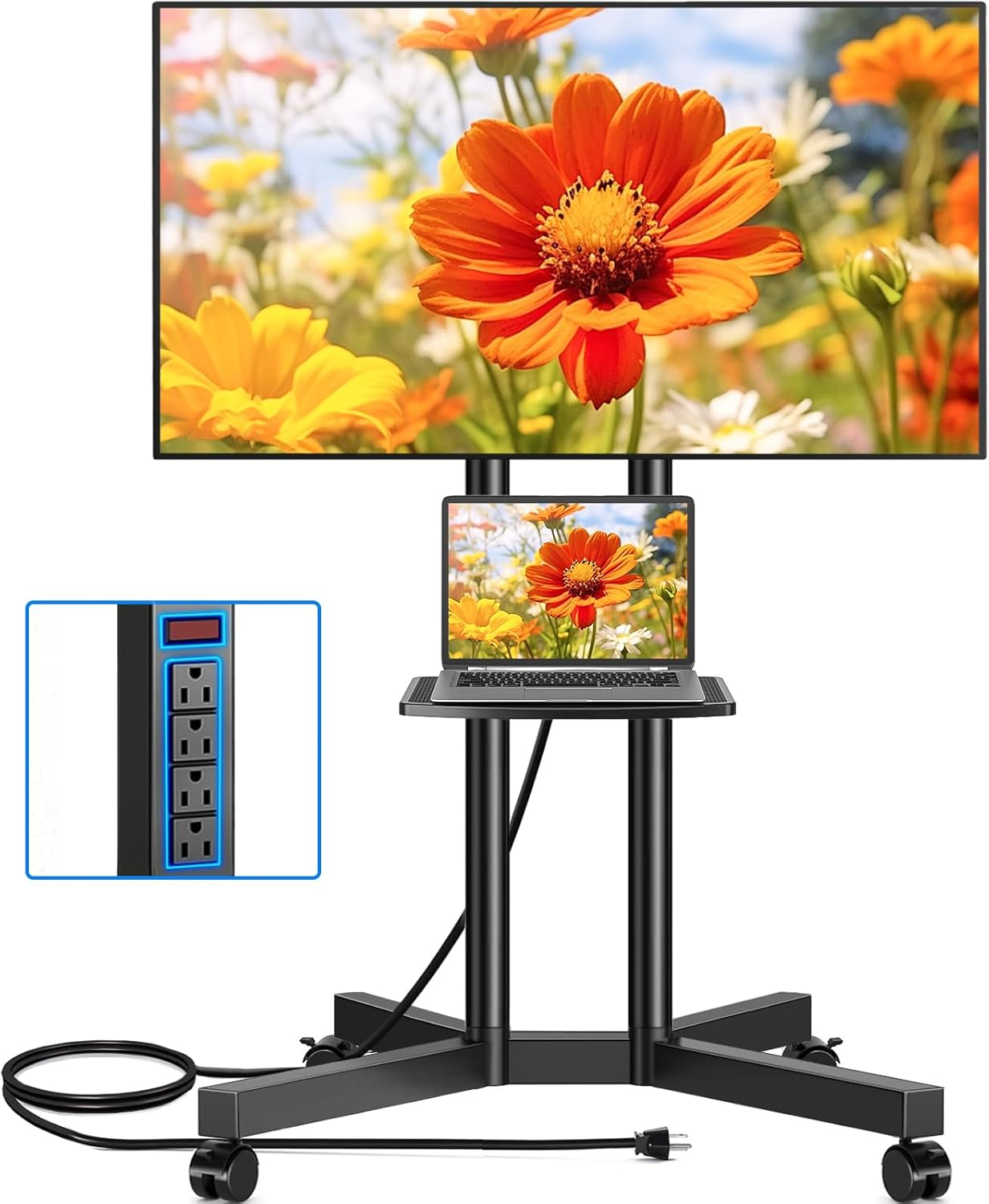 Mobile TV Cart Rolling TV Stand with Power Outlet for 32-75 Inch Screens, Portable TV Stand on Wheels with Height Adjustment, Outdoor TV Mount Stand with Shelf Holds up to 88Lbs for Home Office