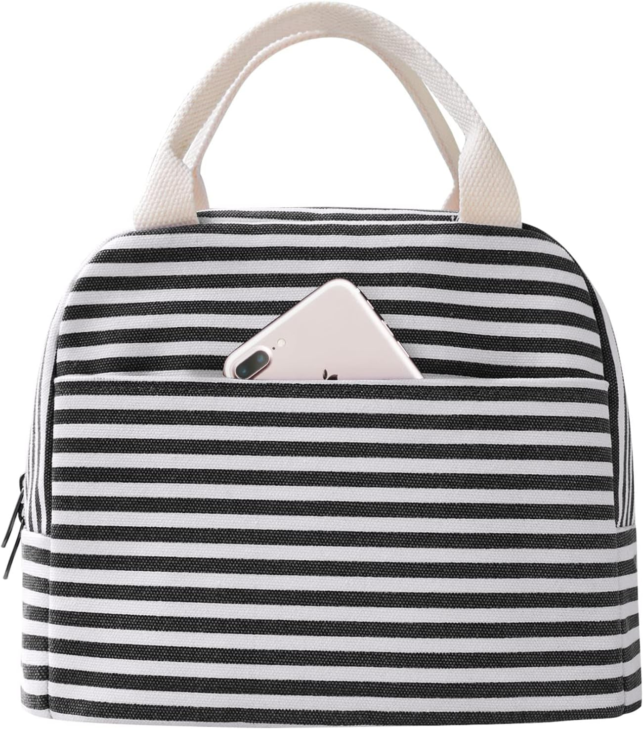 Canvas Lunch Tote Bag for Women for Work with Black and White Stripes, Reusable Insulated Meal Prep Preppy Lunch Box Bag for Daily Use, Cute Lunch Cooler Bento Boxes Bags