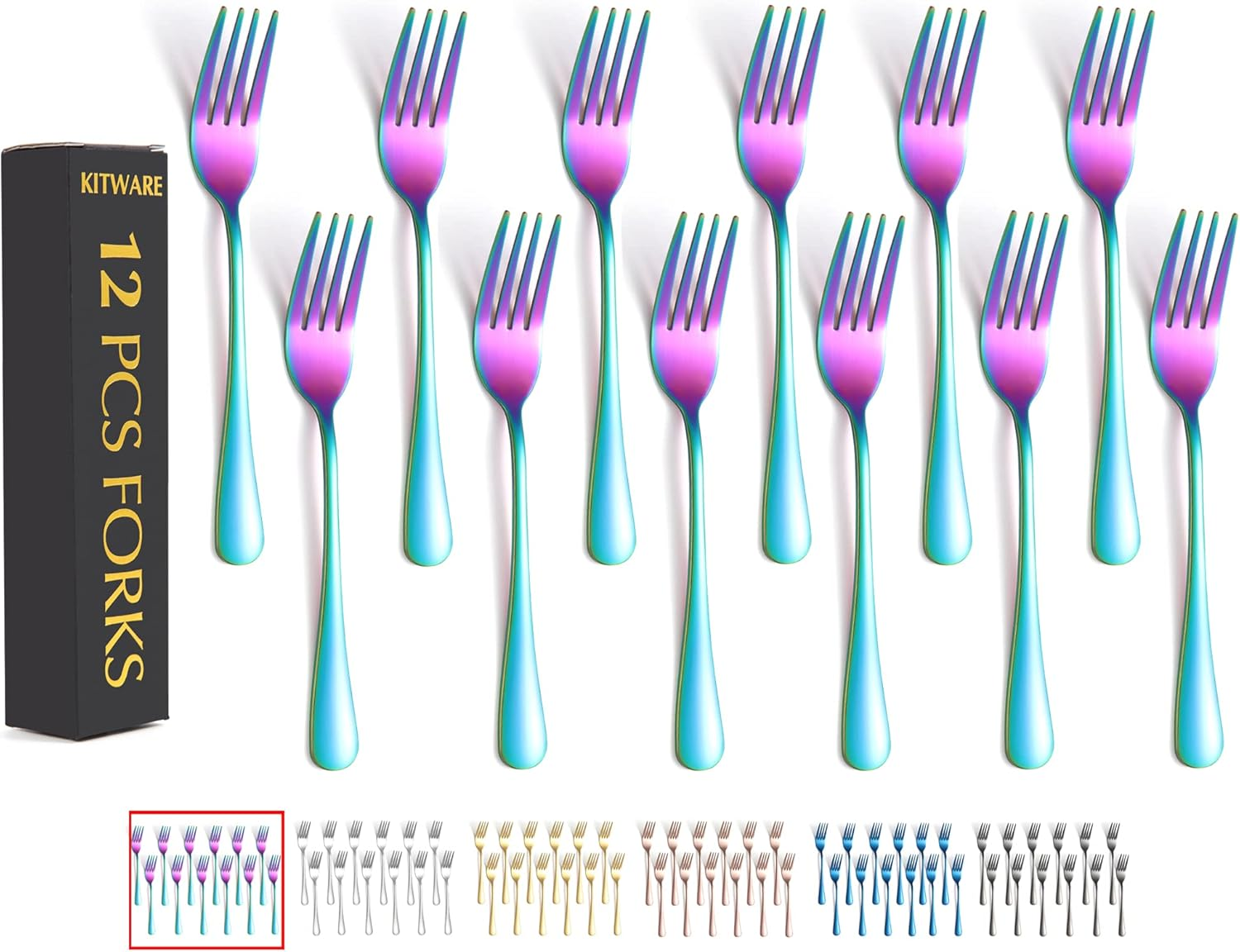 Rainbow Fork Set of 12 Pieces, Iridescent Silverware Salad Forks, Stainless Steel Cutlery, KITWARE Kitchen Utensils, New Appartment Essential Tableware
