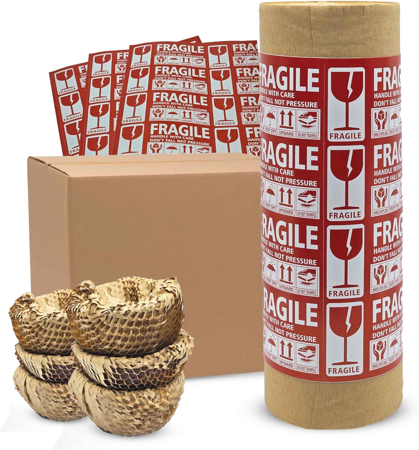 15”X500’ Honeycomb Paper, Honeycomb Packing Paper for Moving Packing Materials for Fragile Items, 1 Rolls of 500Ft with 48 Fragile Sticker Labels