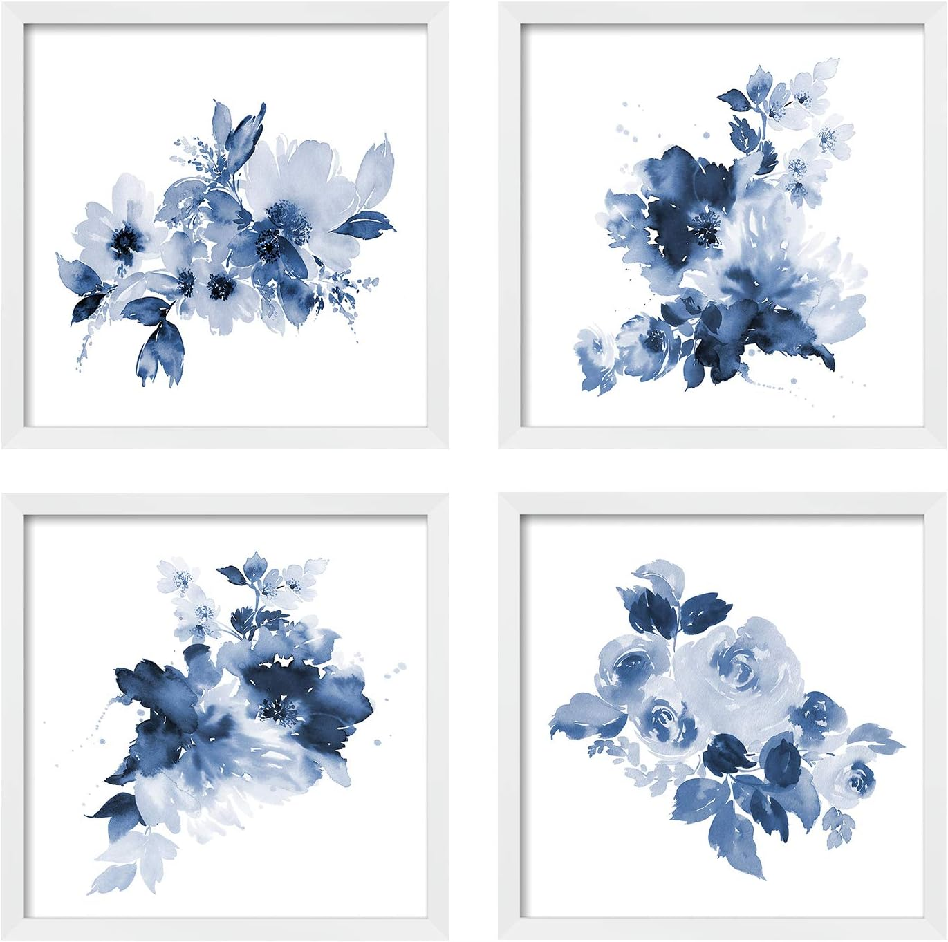 Framed Bathroom Wall Decor, Navy Blue Wall Art with White Frame and Watercolor Floral Prints Pictures for Kitchen Bedroom Home Decorations (4 Pack, 10X10 Inch)