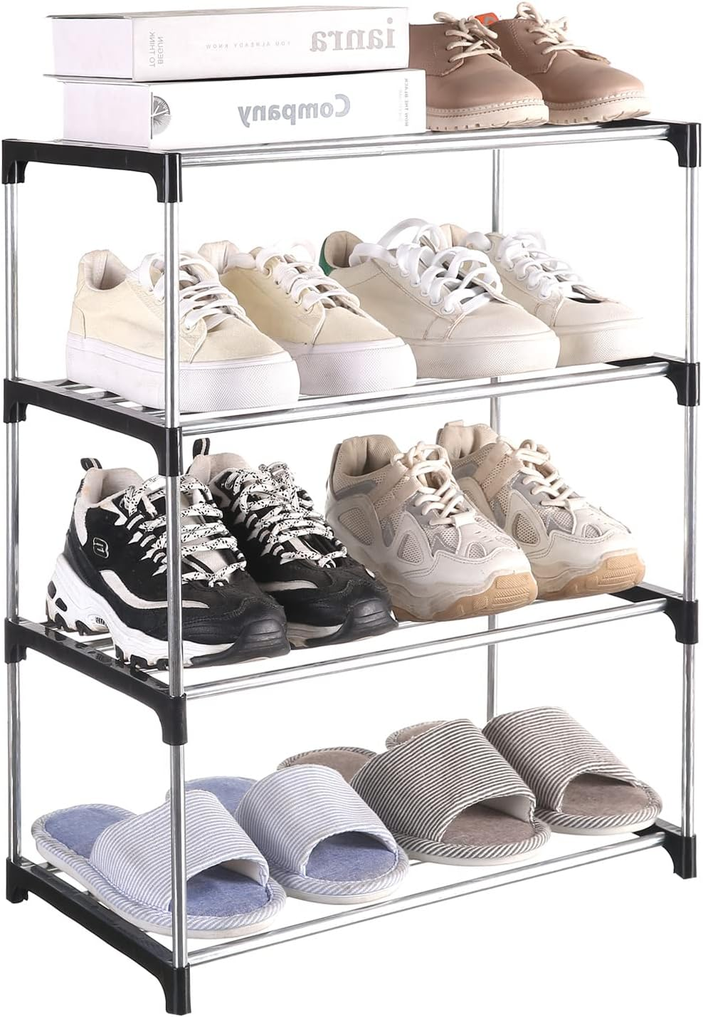 Small Shoe Rack, Narrow Stackable Shoe Shelf Organizer for Entryway, Doorway and Bedroom Closet (4-Tier, Black)