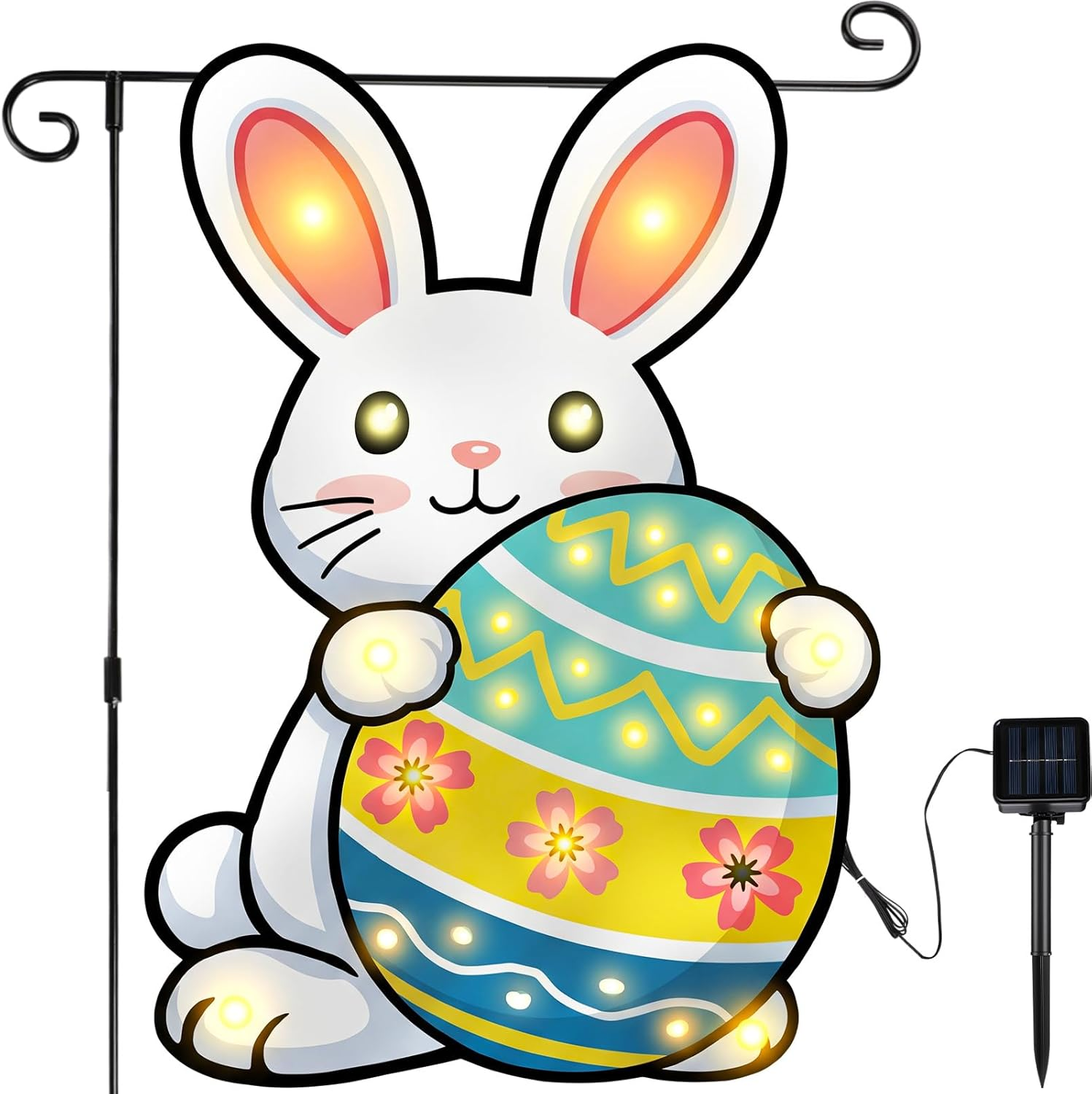 Easter Garden Flag for Outside, 12 x 18 Inch Solar Easter Garden Flag, 8 Modes LED Rabbit Yard Flags Lighted Egg Double Sided Outdoor Banner for Courtyard Lawn Decoration