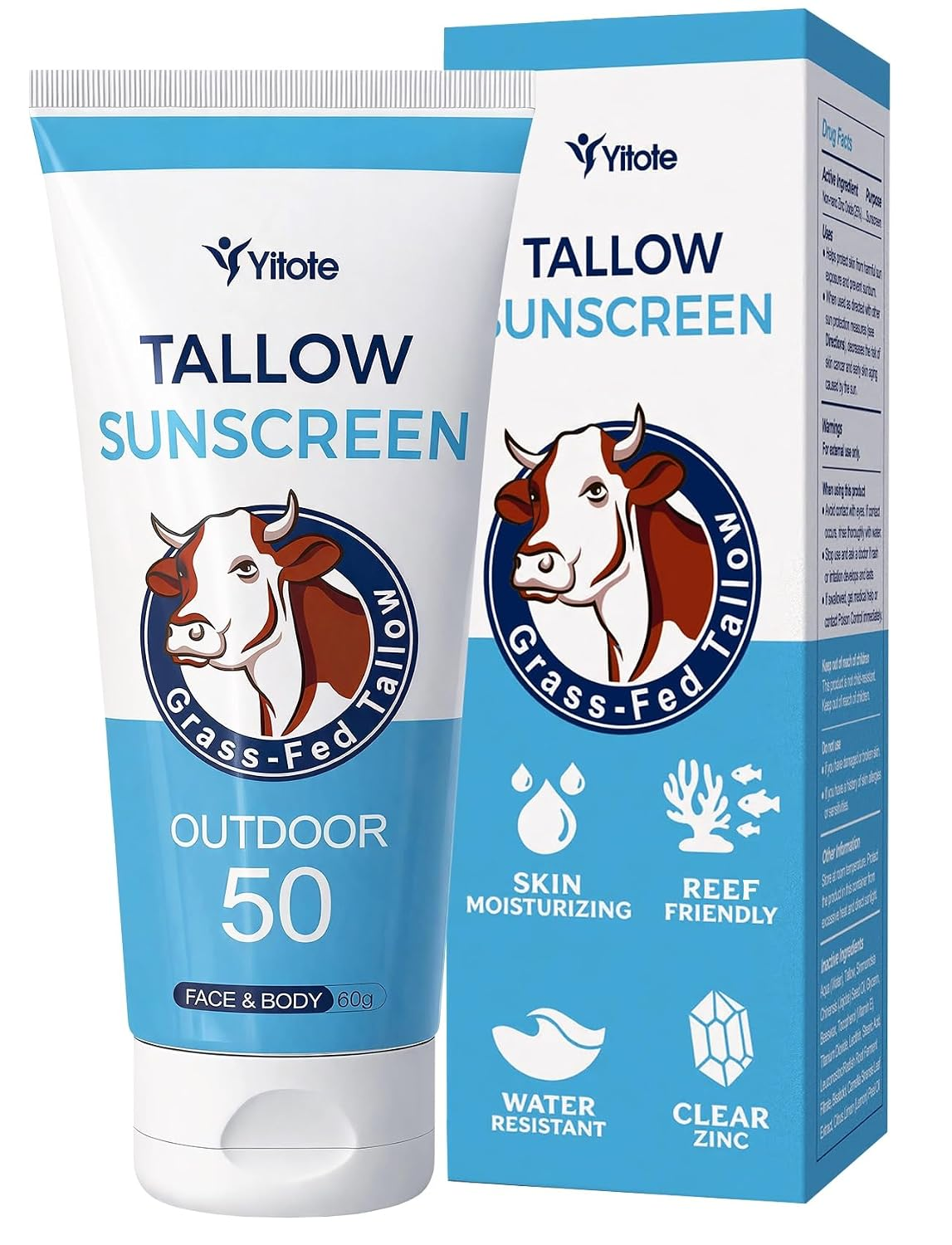 Organic Tallow Sunscreen SPF 50 - Natural Mineral Sunscreen with Grass-Fed Beef Tallow & Non-Nano Zinc Oxide, Broad Spectrum UVA/UVB Protection, Water Resistant for Face & Body, Travel Size.