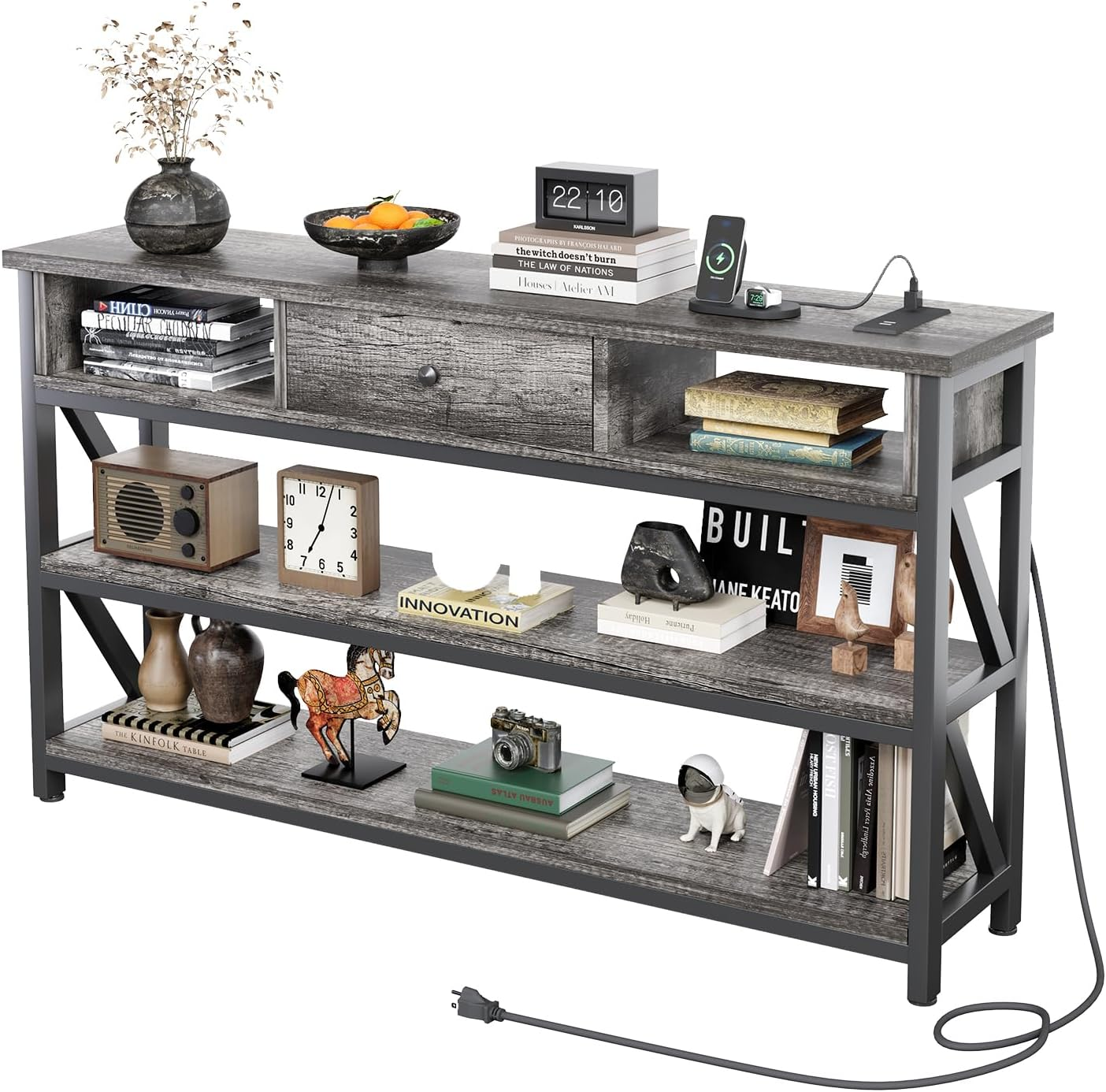 Console Table with Outlets and USB Ports, Entryway Table with Drawer Storage Shelves, Industrial Wood Hallway Sofa Table for Living Room, Couch, Foyer Table, 47 Inch Grey Oak