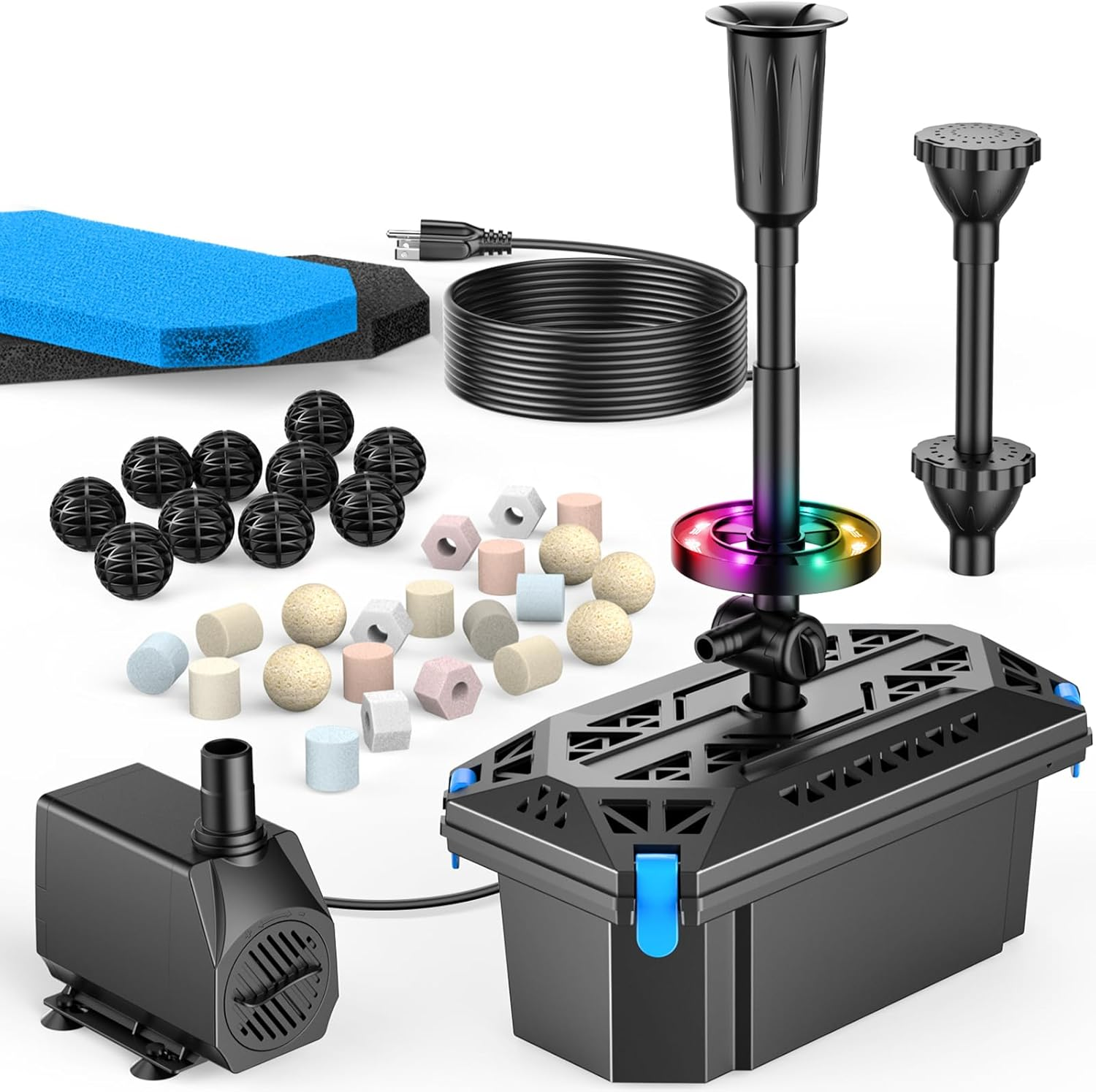 RGB Pond Filter with Water Pump, Pond Filter Box with RGB Auto-Cycle LED Lights, 660GPH 40W Pond Pump with Pond Filter for Outdoor Ponds Fish Tank Waterfall Fountain Aquarium-Corded Electric