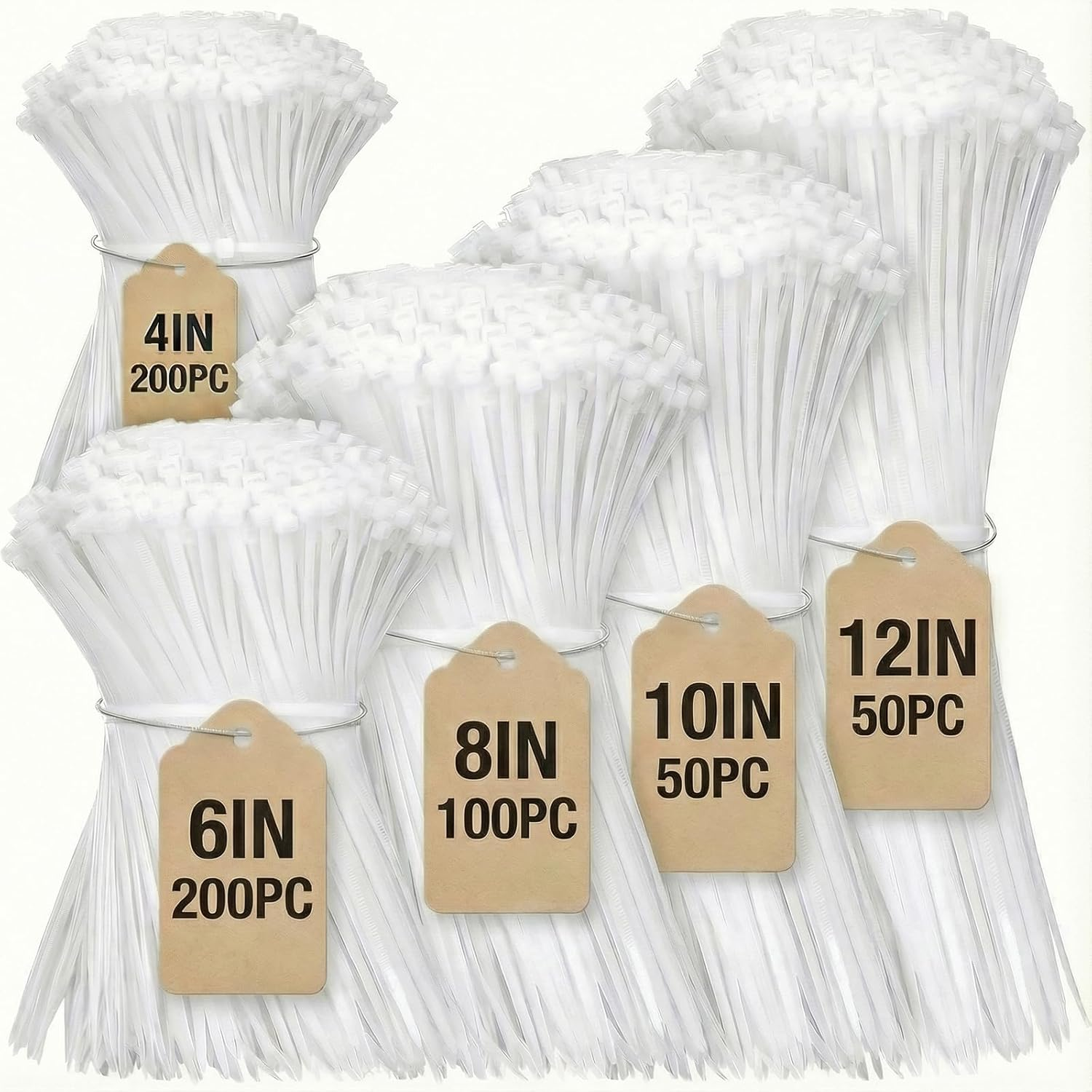 Cable Zip Ties,600 Piece Self-Locking Nylon Cable Ties,Assorted Sizes 4+6+8+10+12-Inch,Multi-Purpose Wire Management Plastic Ties,Perfect for Home,Garden,Office,Travel and Workshop.White