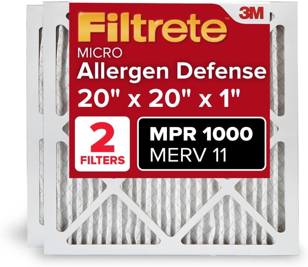 Filtrete 20X20X1 Air Filter MERV 11, MPR 1000 Micro Allergen Defense 2-Pack, AC Furnace HVAC Filters for Home, 3-Month Pleated Electrostatic (Actual Size 19.719 X 19.719 X 0.84 In)