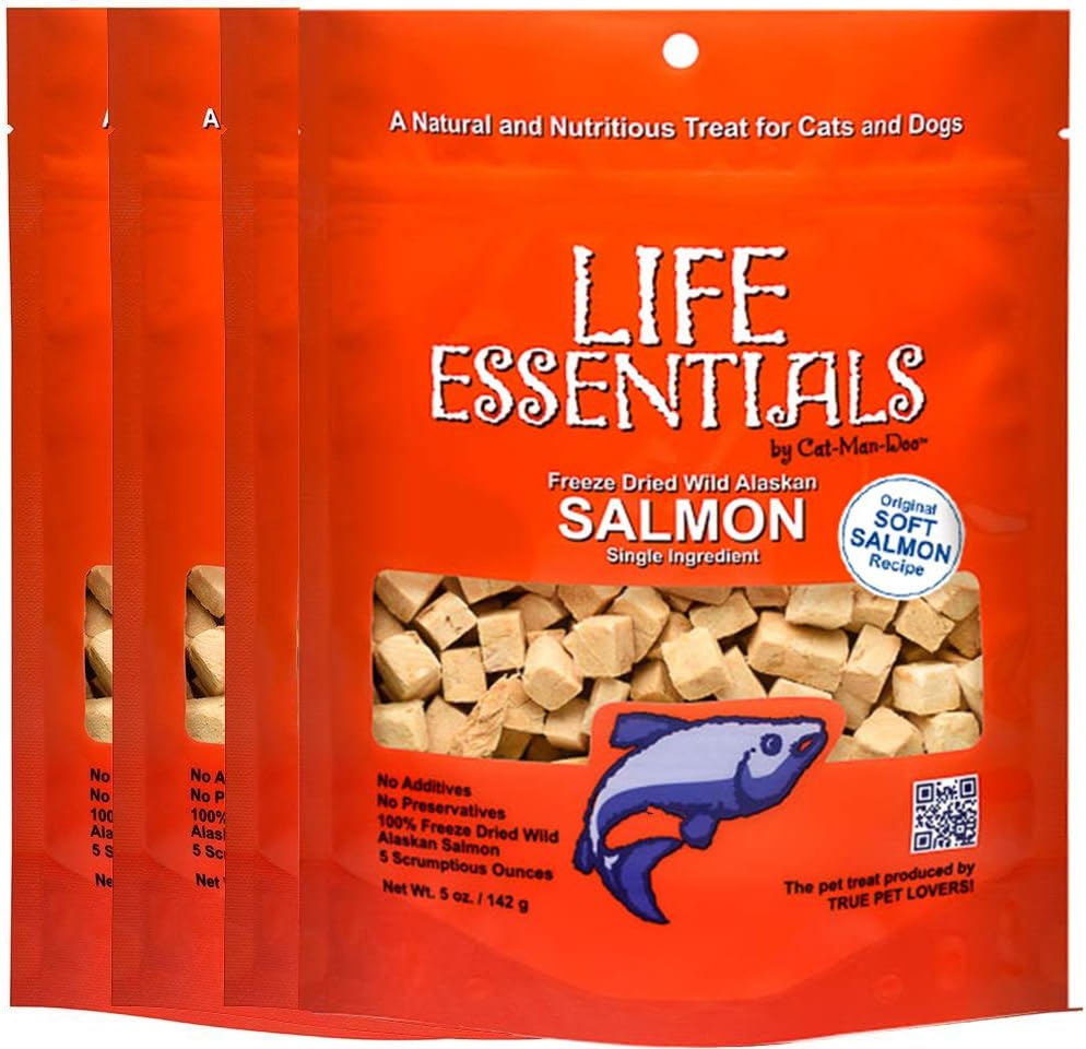 LIFE ESSENTIALS by CAT-MAN-DOO All Natural Freeze Dried Wild Alaskan Salmon Treats for Cats & Dogs - Single Ingredient Grain Free Snack with No Additives or Preservatives, 5 Ounce Bag - 4 Pack