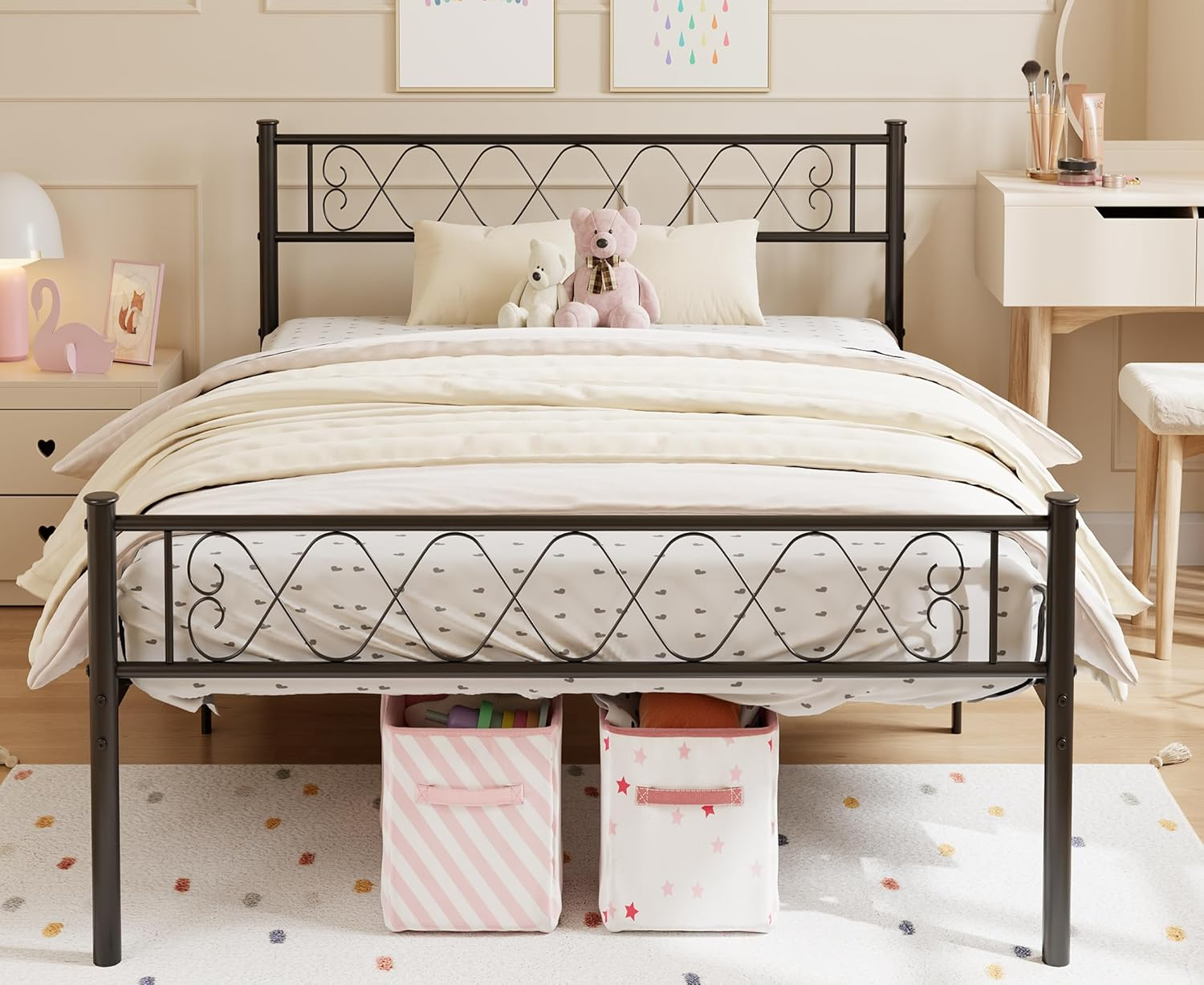 Metal King Bed Frame - Headboard and Footboard with Iron Heart Design, Twin Size Platform Bed for Boys and Girls, No Box Spring Needed, Easy Assembly
