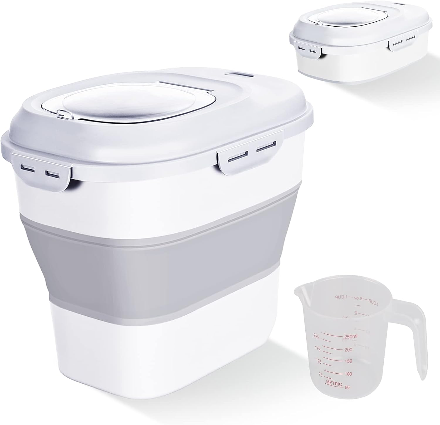 Cereal Rice Food Storage Containers, Collapsible 20 to 50 Lbs Dispenser Bin with Rolling Wheel Airtight Locking Lid, Dog Pet Cat Flour Sugar Plastic Leakproof Sealable Large Kitchen Pantry Holder