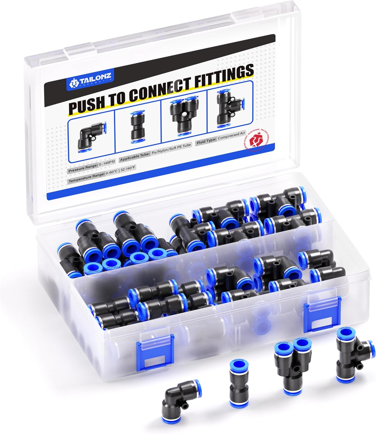TAILONZ PNEUMATIC 1/4 Inch Od Push to Connect Fittings Pneumatic Fittings Kit 10 Spliters+10 Elbows+10 Tee+10 Straight (40 Pcs)