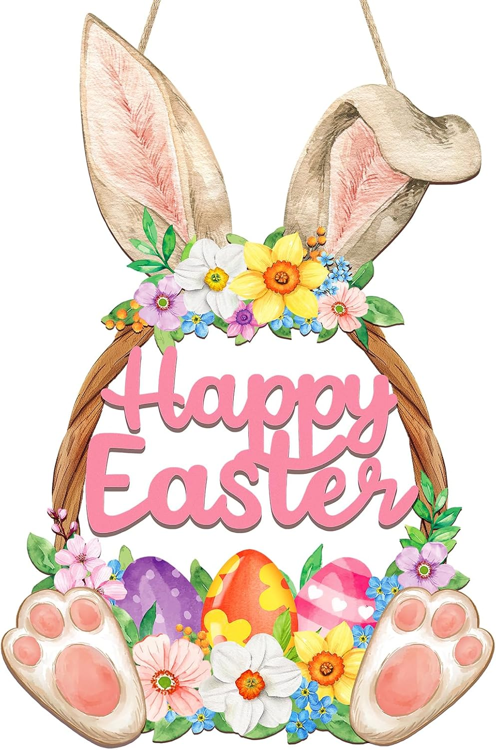 Wooden Easter Decoration Door Wreath for Front Door Sign Wall Signs Rabbit