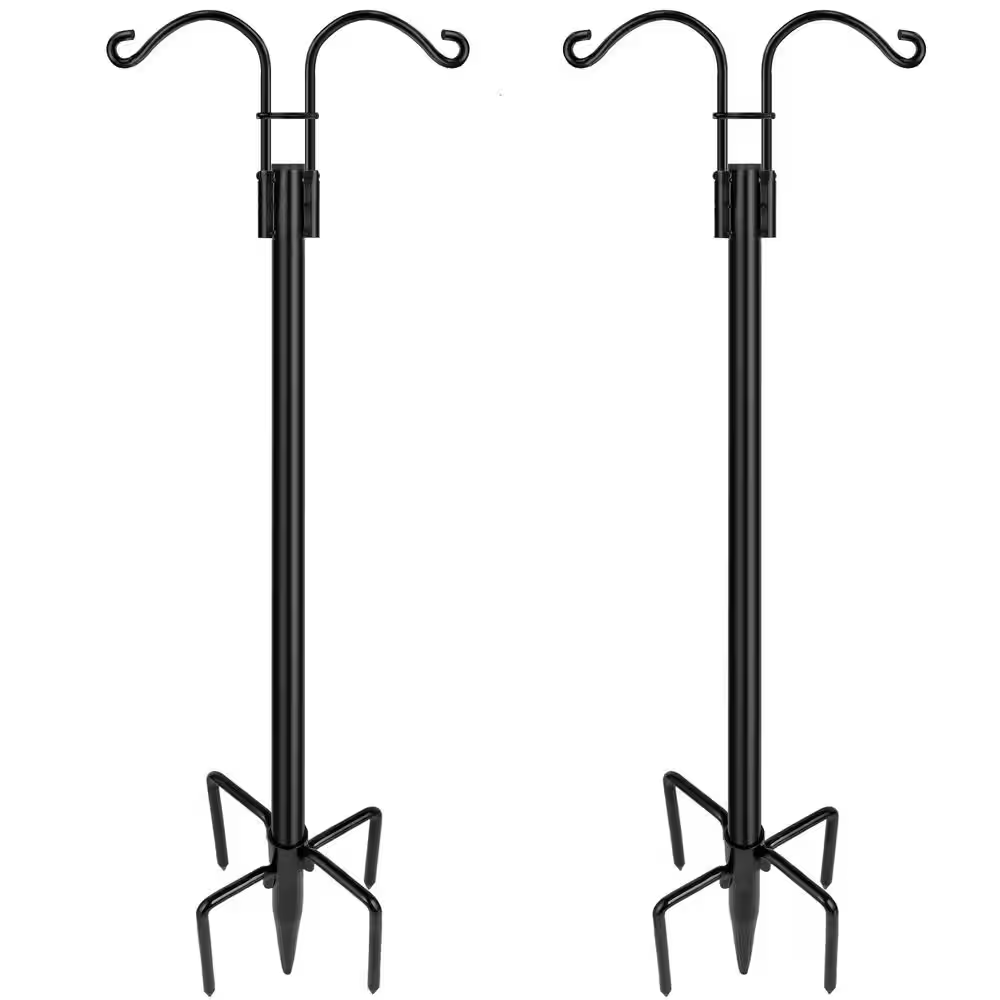 64 In. Black Metal Dual Arm Sturdy Rust Resistant Garden Shepherds Hook Stand with 2-Hooks 2-Count