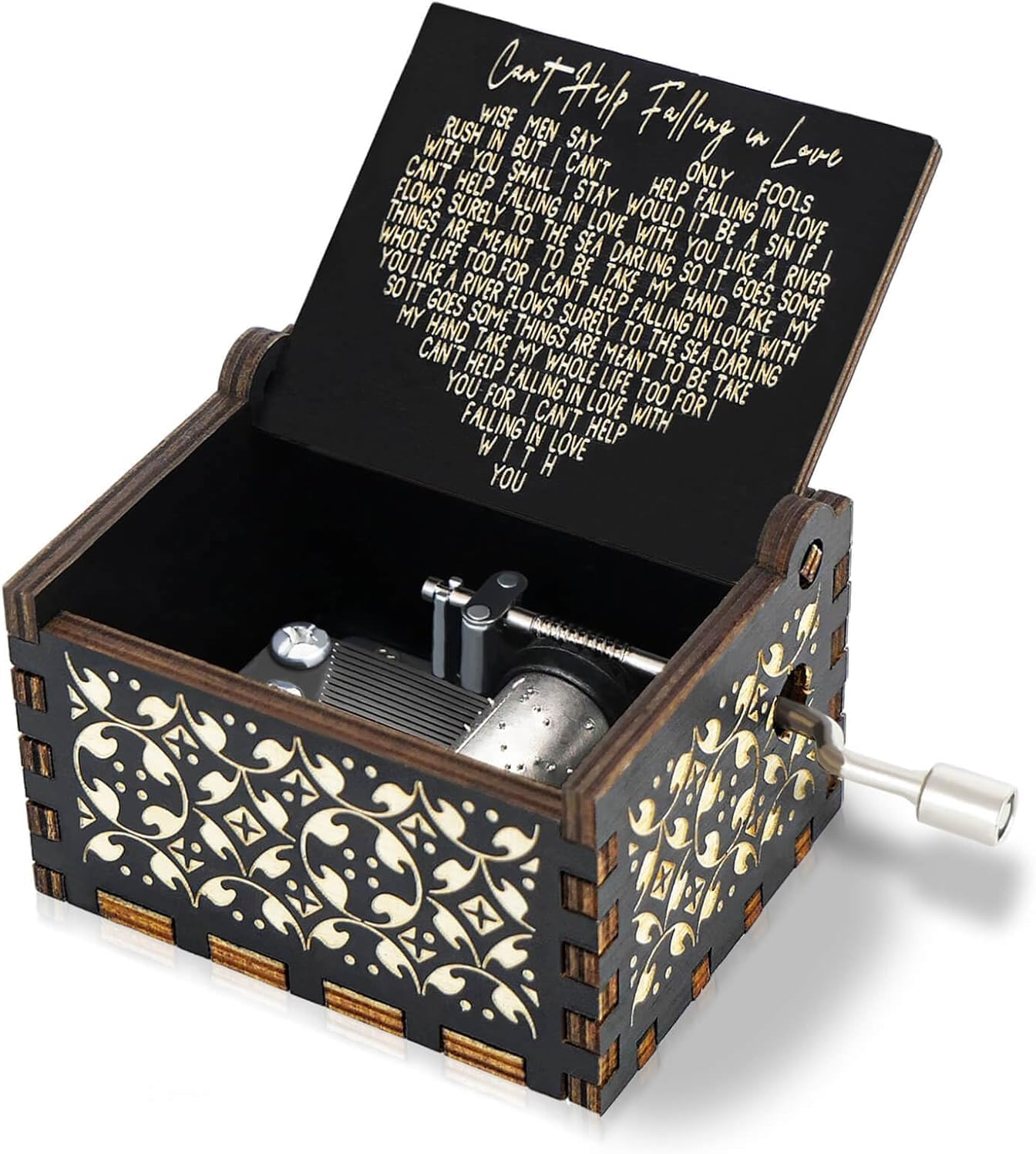 Hand Crank Engraved Wooden Music Box | Vintage-Style Musical Box with Romantic Melody, an Ideal Gift for Valentine's Day, Anniversaries & Birthdays for Wife, Husband, or Partner.