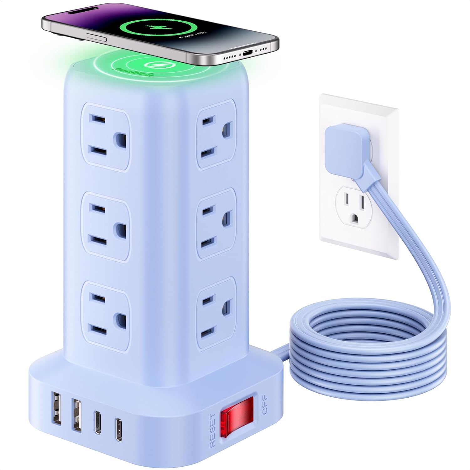 Extension Cord with Multiple Outlets,  Outlet Extender with 12 AC Outlets 4 USB, 6.5FT Power Strip Tower for Home Office Supplies, Blue