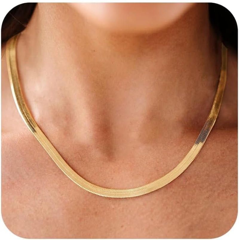 CHESKY Gold Necklace for Women-14K Plated Sterling Silver Snake Chain Necklace Dainty Simple Chunky Herringbone Necklace Choker Necklaces Jewelry for Women
