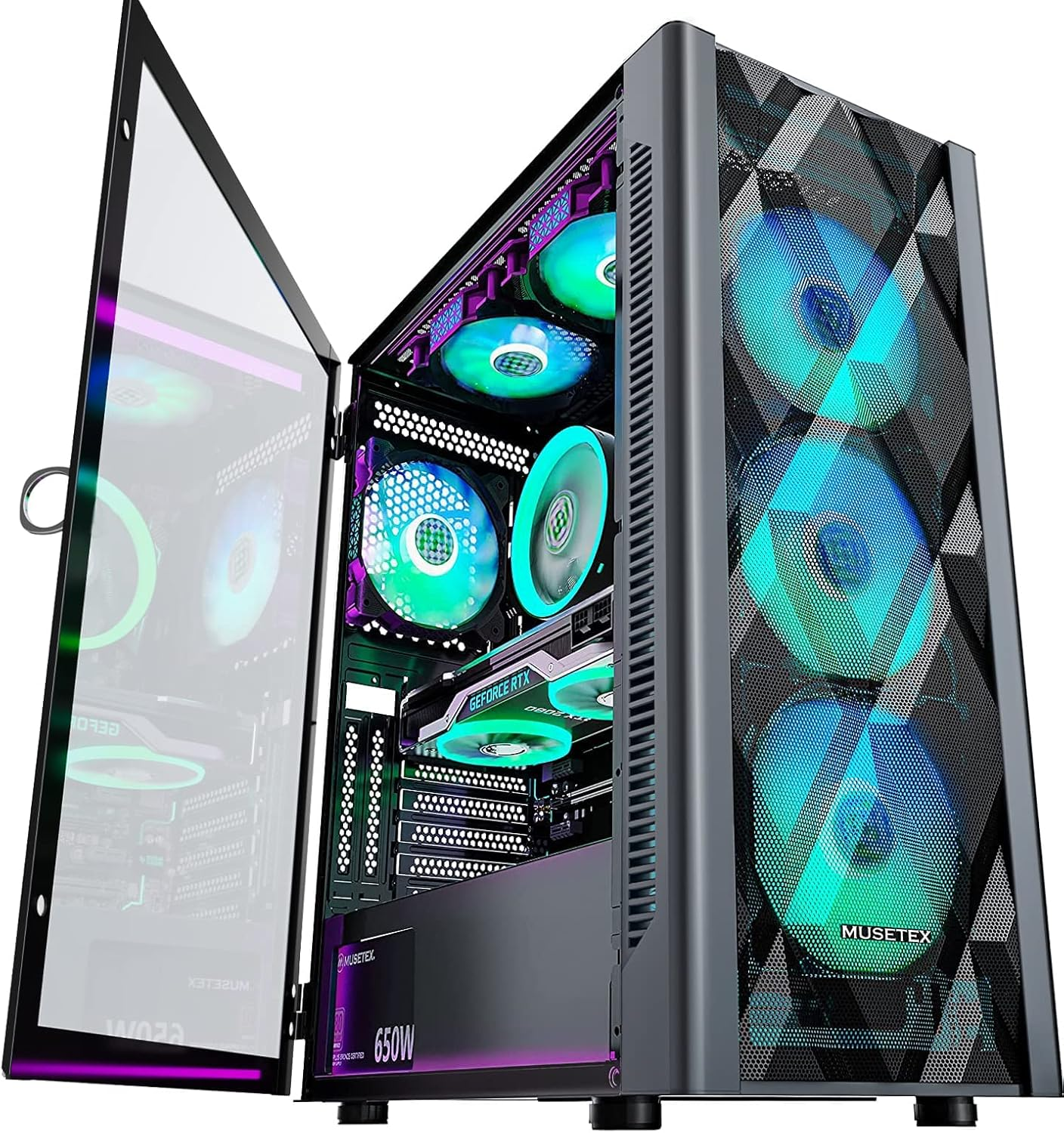 ATX PC Case Pre-Install 6 PWM ARGB Fans, Polygonal Mesh Computer Gaming Case, Opening Tempered Glass Side Panel Mid-Tower Case, USB 3.0 X 2, Black, NN8