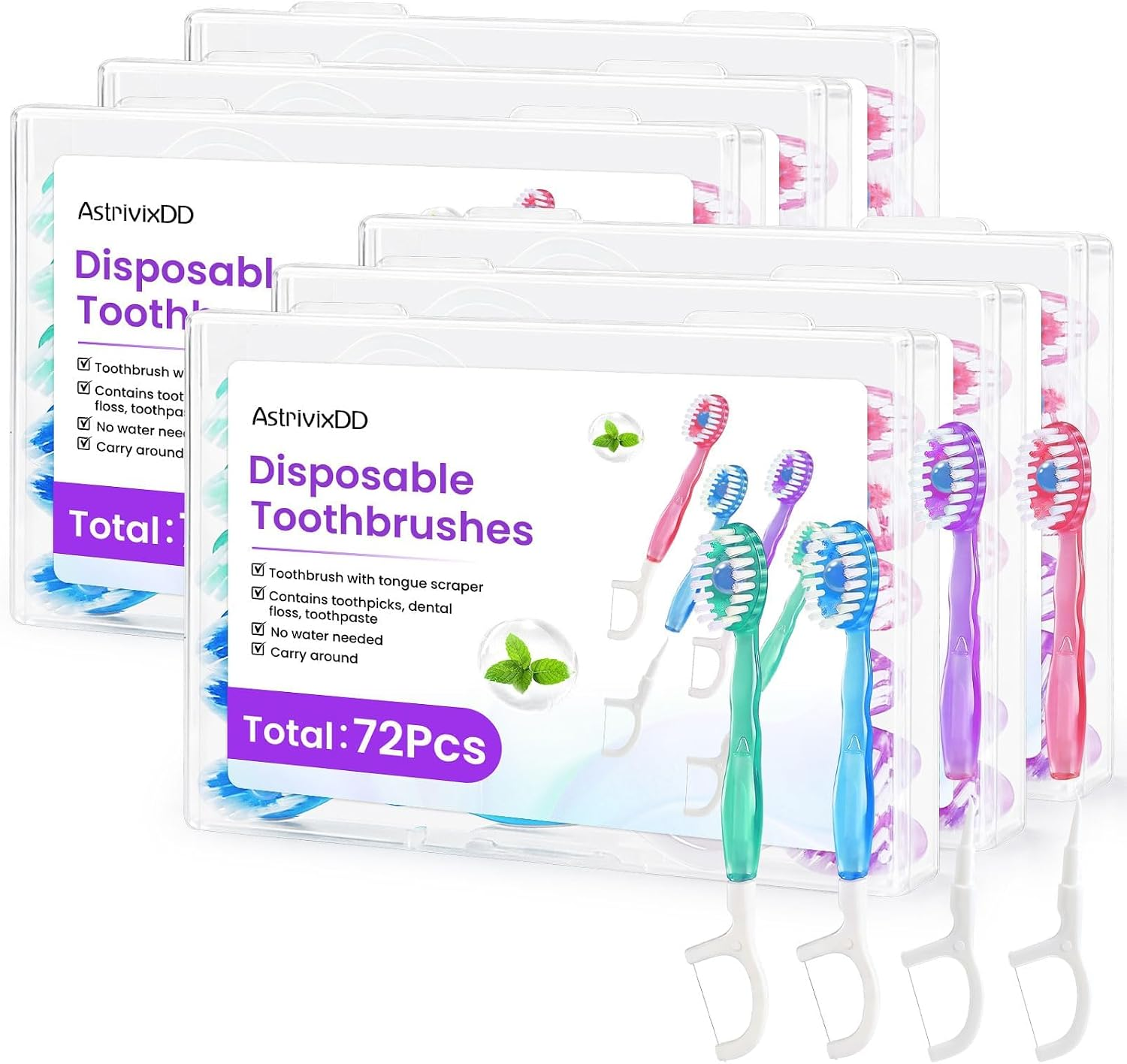 72 Pack 5-In-1 Mini Toothbrush Disposable, Prepasted Toothbrushes